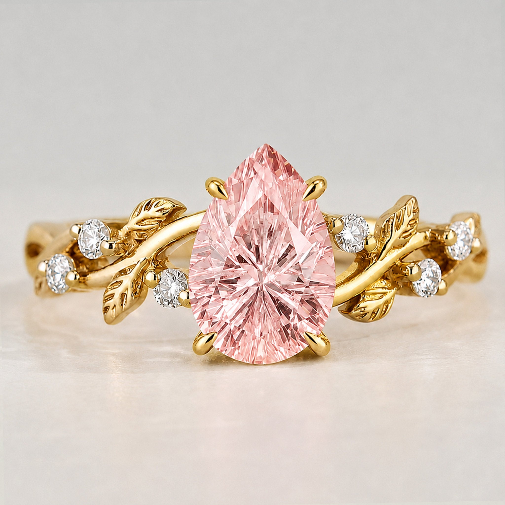 Nature Inspired Floral Design Pink Pear Cut Lab Grown Diamond Center Stone Twisted Shank Engagement Ring With Round Cut Accent Stones #MCERL0222