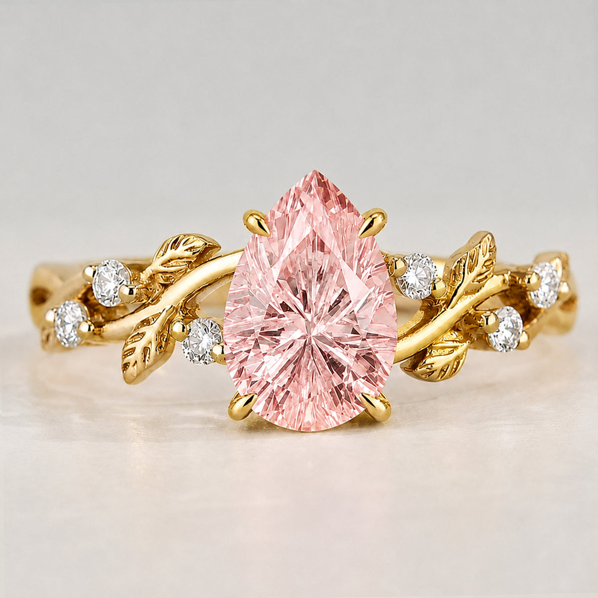 Nature Inspired Floral Design Pink Pear Cut Lab Grown Diamond Center Stone Twisted Shank Engagement Ring With Round Cut Accent Stones #MCERL0222