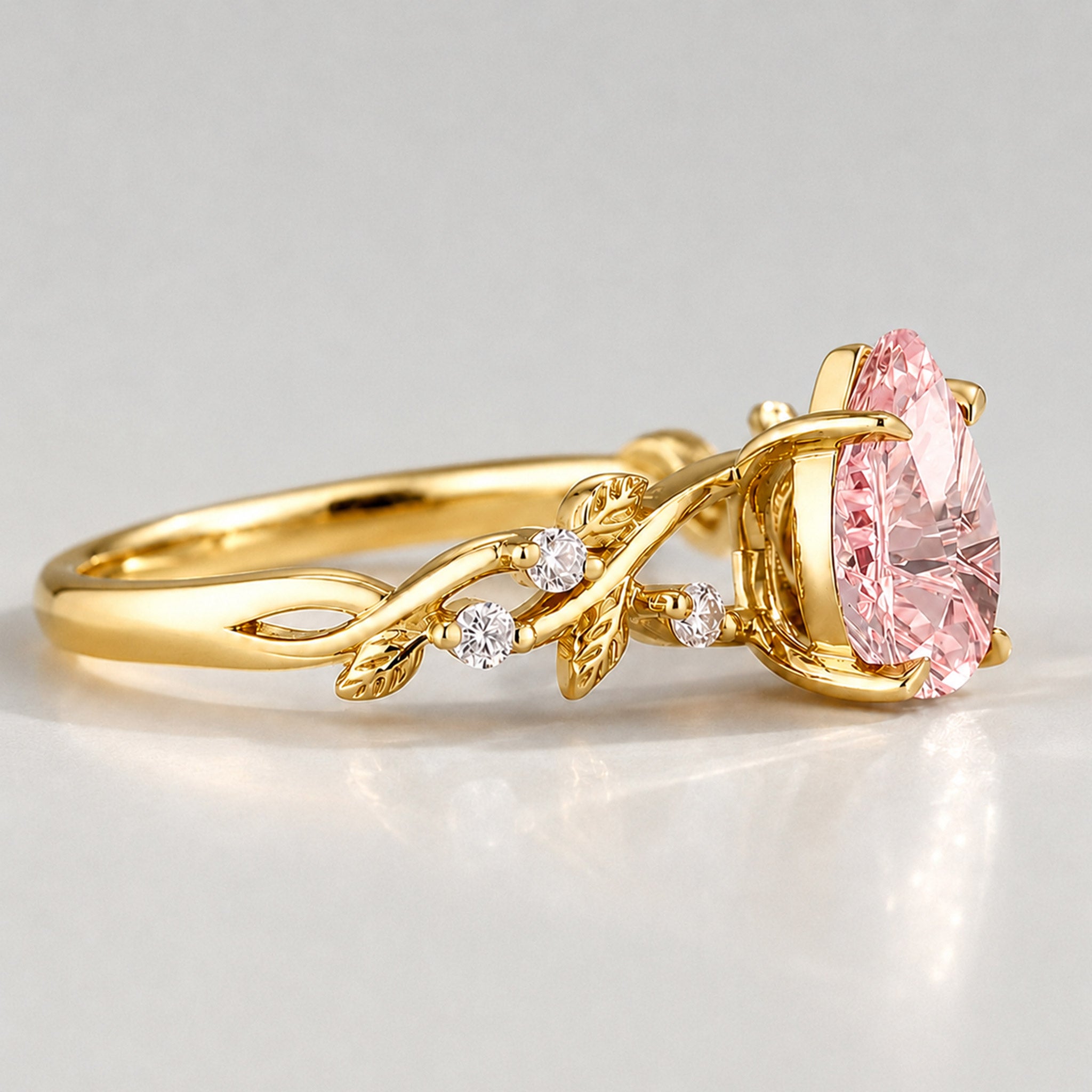 Nature Inspired Floral Design Pink Pear Cut Lab Grown Diamond Center Stone Twisted Shank Engagement Ring With Round Cut Accent Stones #MCERL0222