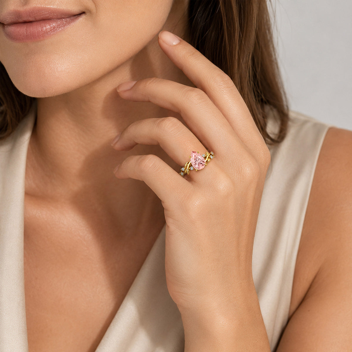 Nature Inspired Floral Design Pink Pear Cut Lab Grown Diamond Center Stone Twisted Shank Engagement Ring With Round Cut Accent Stones #MCERL0222