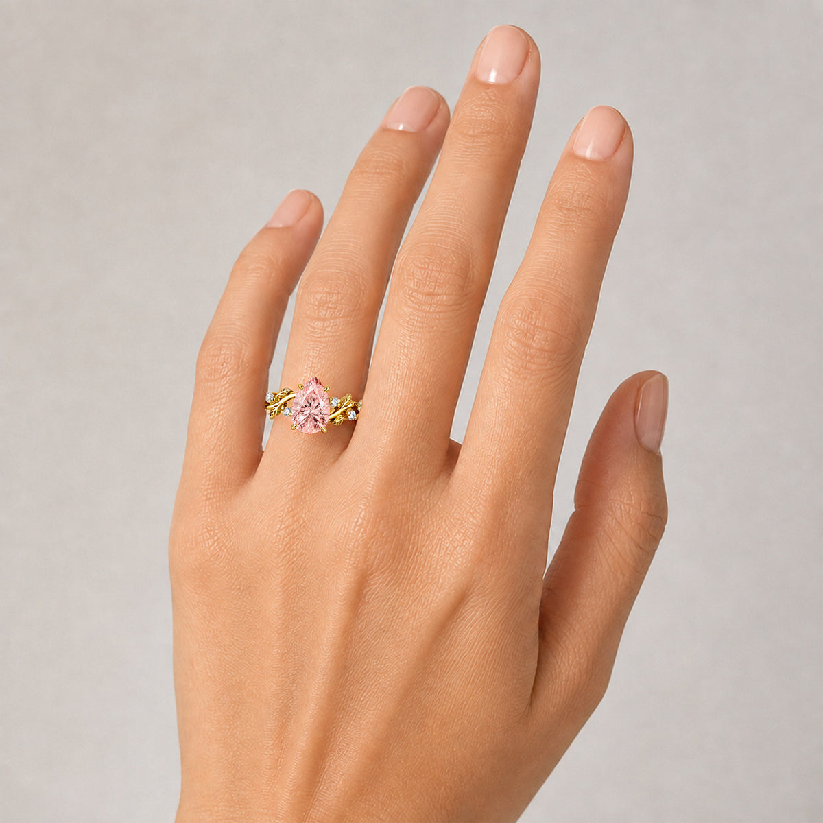 Nature Inspired Floral Design Pink Pear Cut Lab Grown Diamond Center Stone Twisted Shank Engagement Ring With Round Cut Accent Stones #MCERL0222