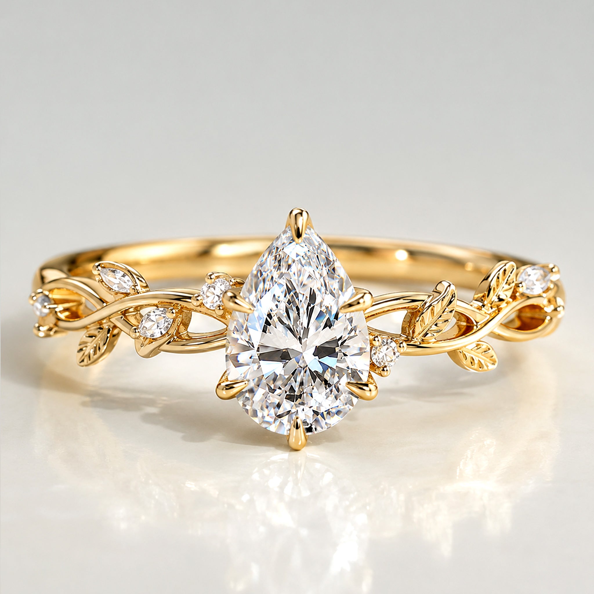 Nature Inspired Floral Design Pear Cut Lab Grown Diamond Center Stone Tulip Basket Engagement Ring With Round Cut Accent Stones #MCERL0224