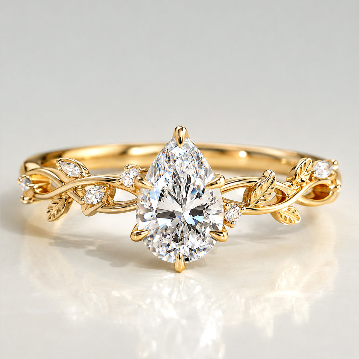 Nature Inspired Floral Design Pear Cut Lab Grown Diamond Center Stone Tulip Basket Engagement Ring With Round Cut Accent Stones #MCERL0224