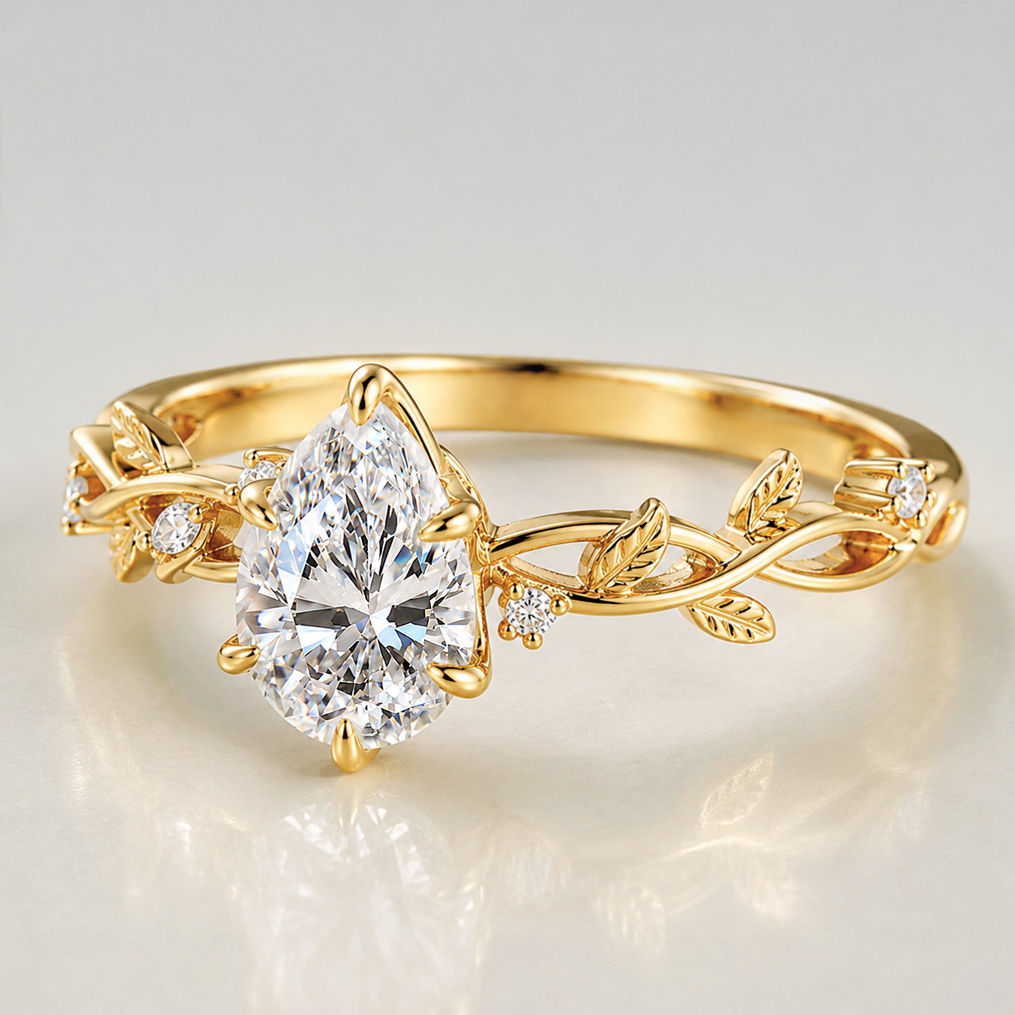 Nature Inspired Floral Design Pear Cut Lab Grown Diamond Center Stone Tulip Basket Engagement Ring With Round Cut Accent Stones #MCERL0224