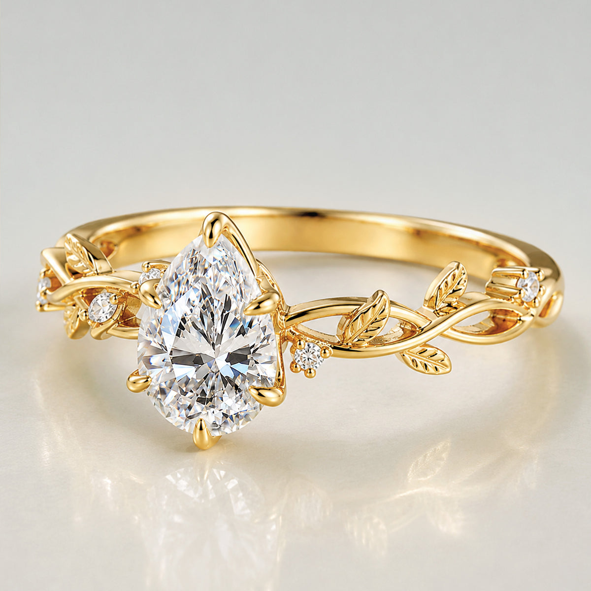 Nature Inspired Floral Design Pear Cut Lab Grown Diamond Center Stone Tulip Basket Engagement Ring With Round Cut Accent Stones #MCERL0224