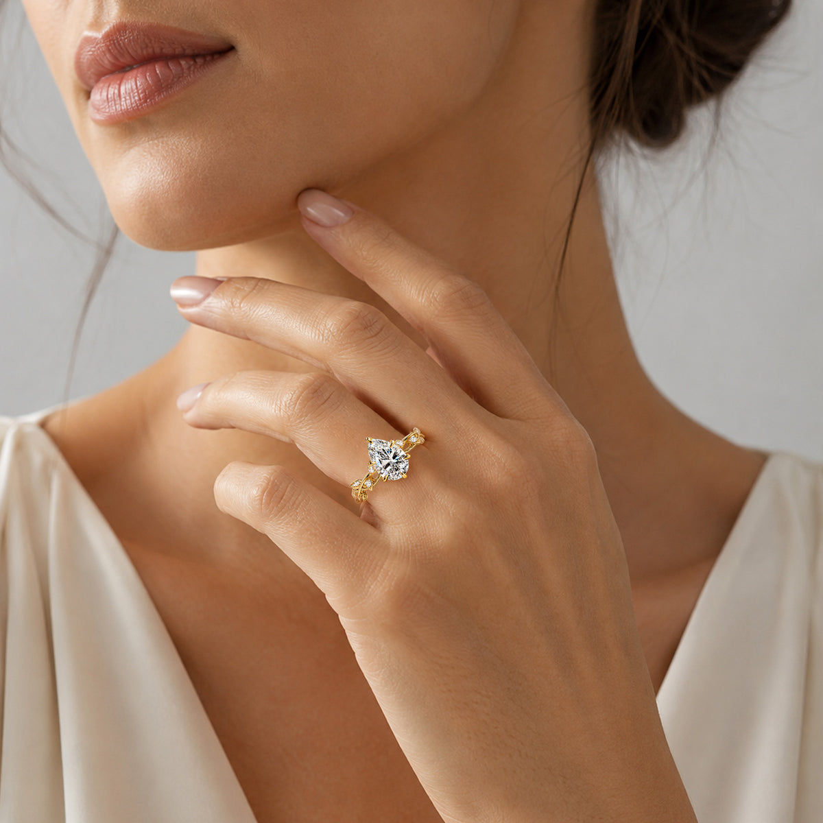 Nature Inspired Floral Design Pear Cut Lab Grown Diamond Center Stone Tulip Basket Engagement Ring With Round Cut Accent Stones #MCERL0224
