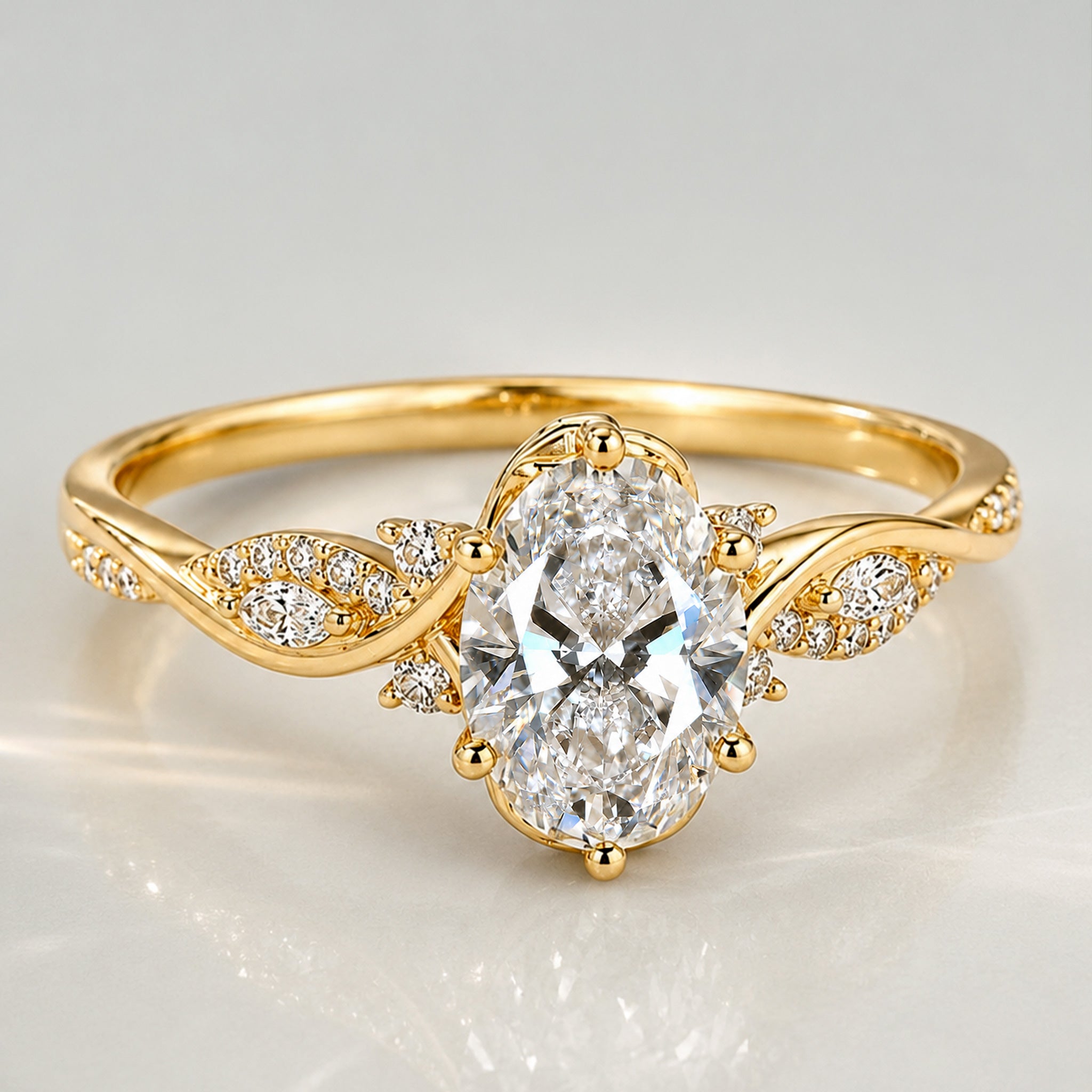 Nature Inspired Floral Design Oval Cut Lab Grown Diamond Center Stone Trellis Basket Engagement Rings With Round Cut And Marquise Cut Accent Stones #MCERL0226