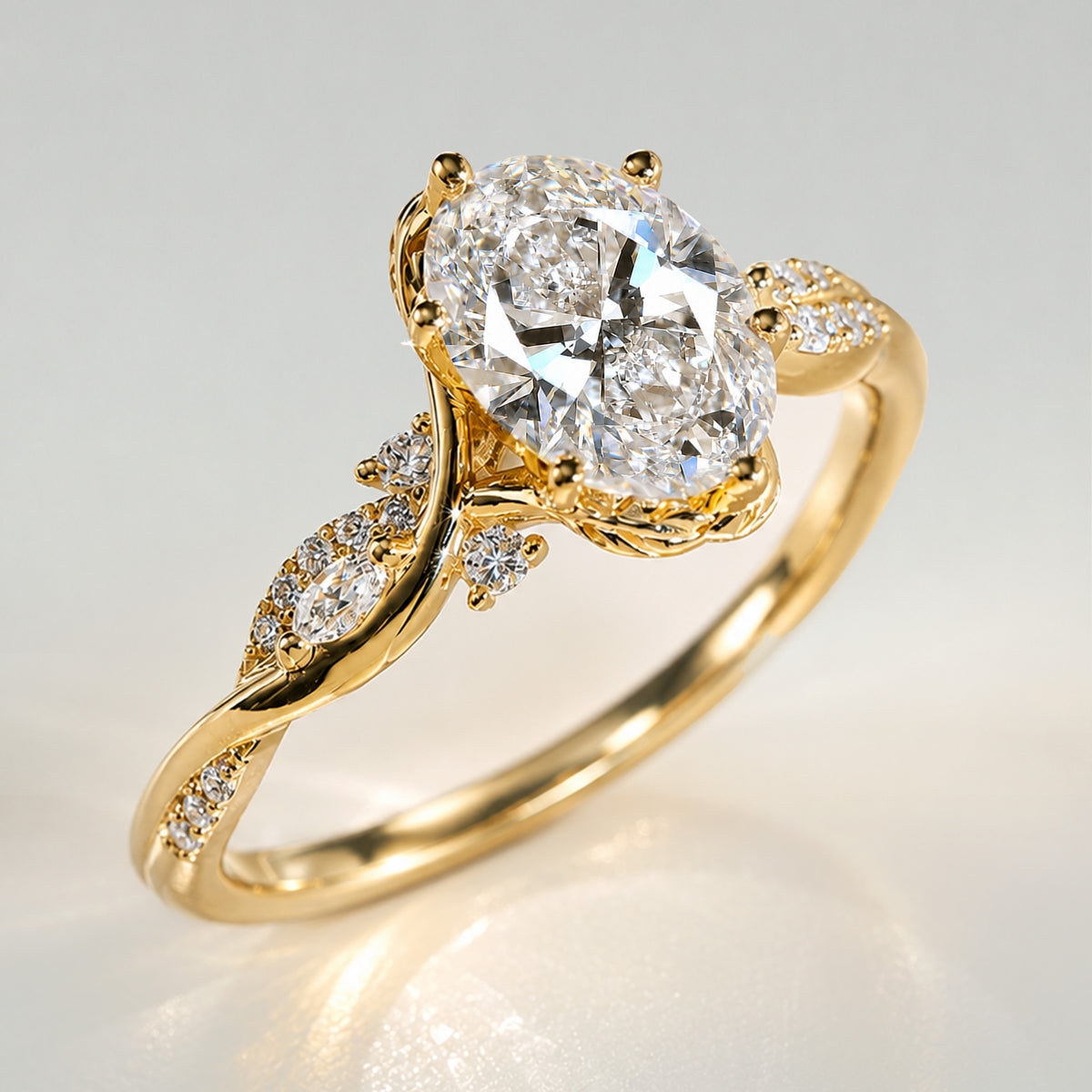 Nature Inspired Floral Design Oval Cut Lab Grown Diamond Center Stone Trellis Basket Engagement Rings With Round Cut And Marquise Cut Accent Stones #MCERL0226