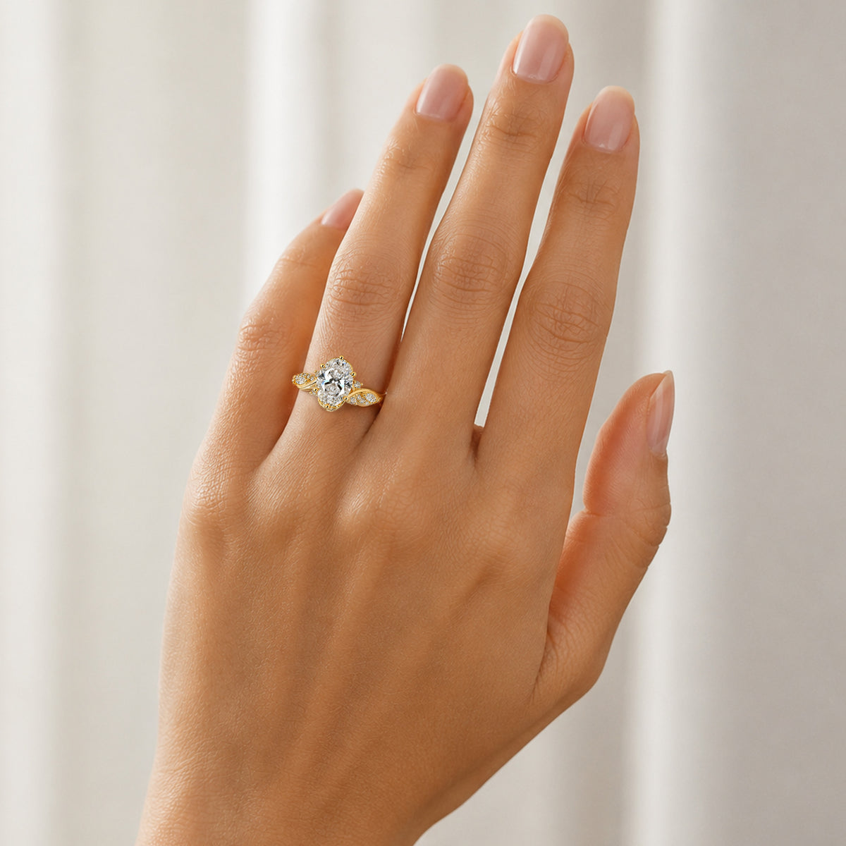 Nature Inspired Floral Design Oval Cut Lab Grown Diamond Center Stone Trellis Basket Engagement Rings With Round Cut And Marquise Cut Accent Stones #MCERL0226