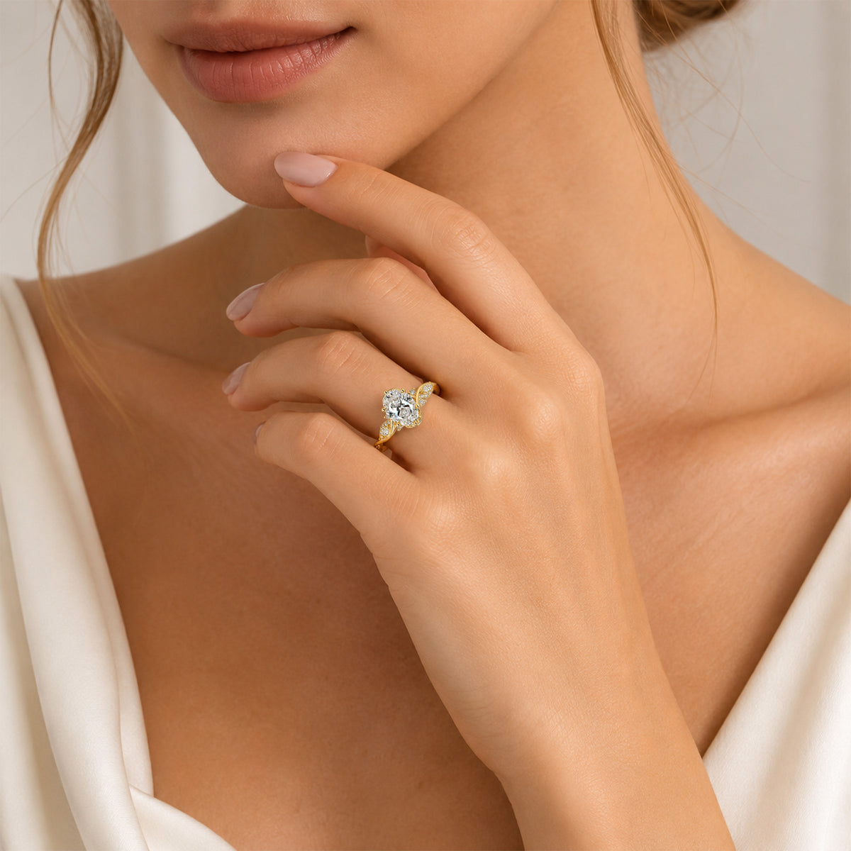 Nature Inspired Floral Design Oval Cut Lab Grown Diamond Center Stone Trellis Basket Engagement Rings With Round Cut And Marquise Cut Accent Stones #MCERL0226