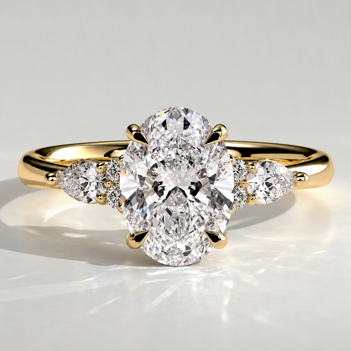 Modern Design Oval Cut Lab Grown Diamond Tulip Basket Engagement Ring With Round Cut And Pear Cut Accent Stones #MCERL0266