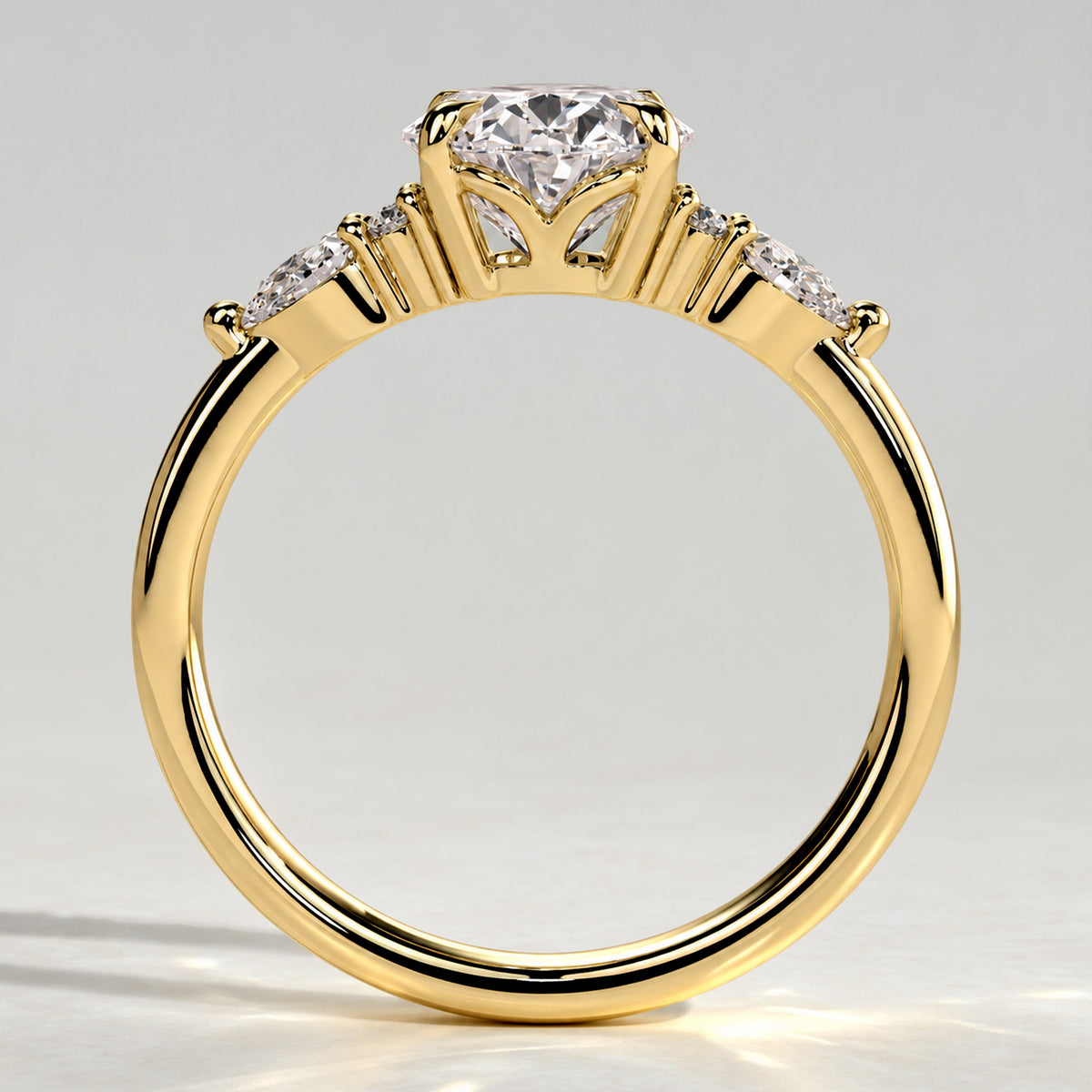 Modern Design Oval Cut Lab Grown Diamond Tulip Basket Engagement Ring With Round Cut And Pear Cut Accent Stones #MCERL0266