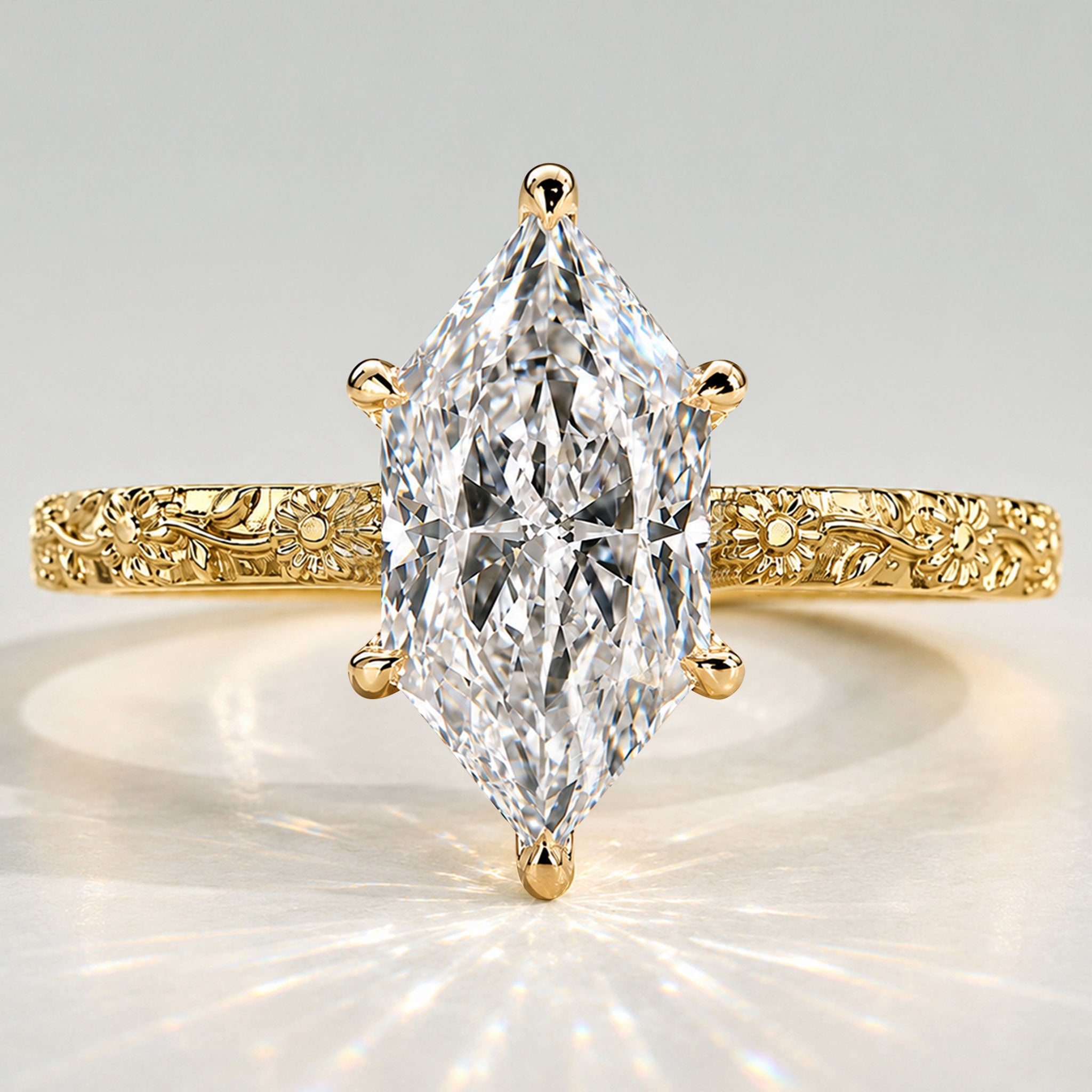 Solitaire Floral Nature Inspired Design Dutch Marquise Cut Cut Lab Grown Diamond Milgrain Engraved Engagement Rings #MCERL0277