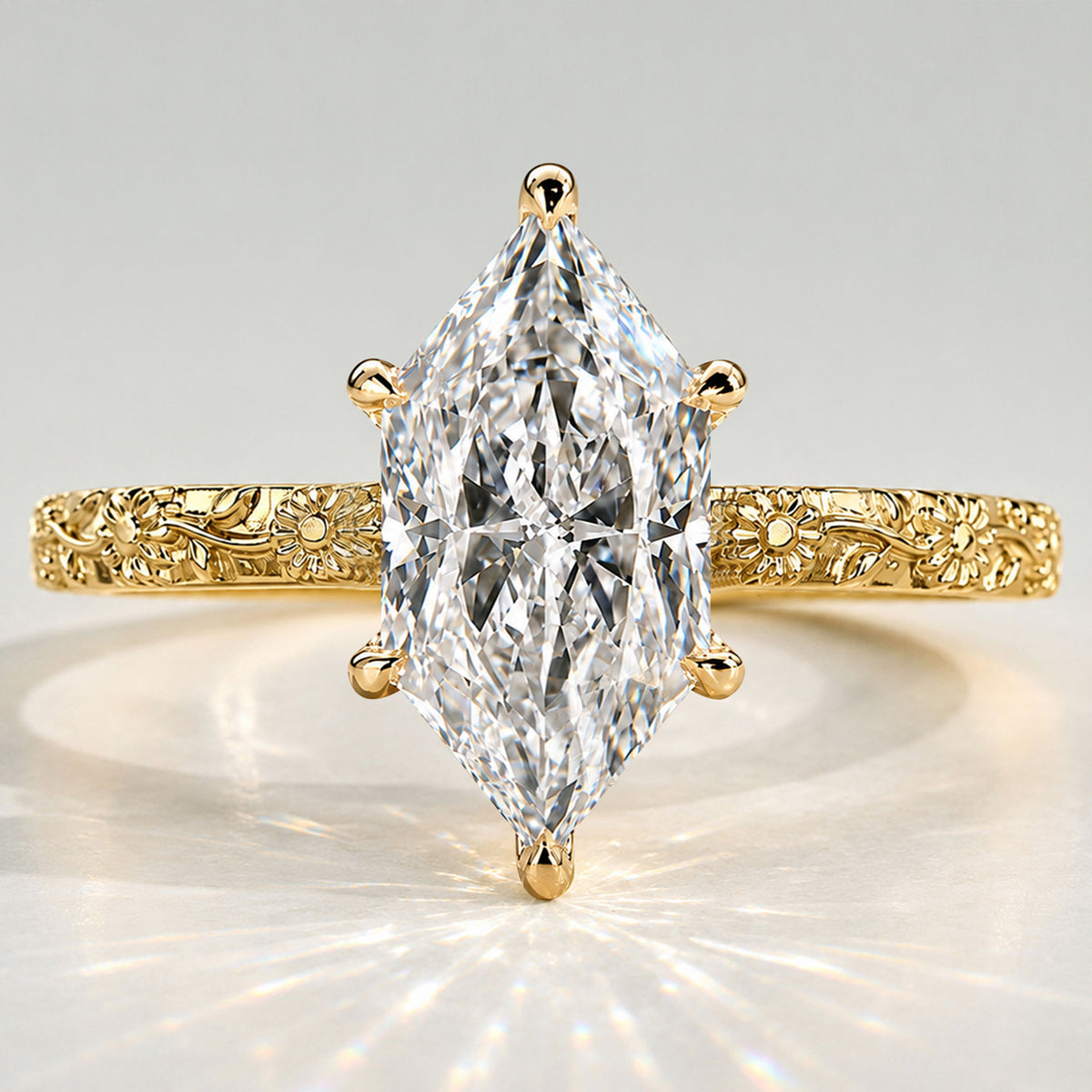 Solitaire Floral Nature Inspired Design Dutch Marquise Cut Cut Lab Grown Diamond Milgrain Engraved Engagement Rings #MCERL0277