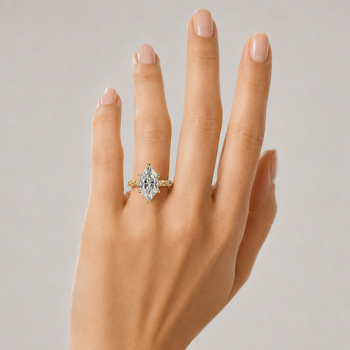 Solitaire Floral Nature Inspired Design Dutch Marquise Cut Cut Lab Grown Diamond Milgrain Engraved Engagement Rings #MCERL0277