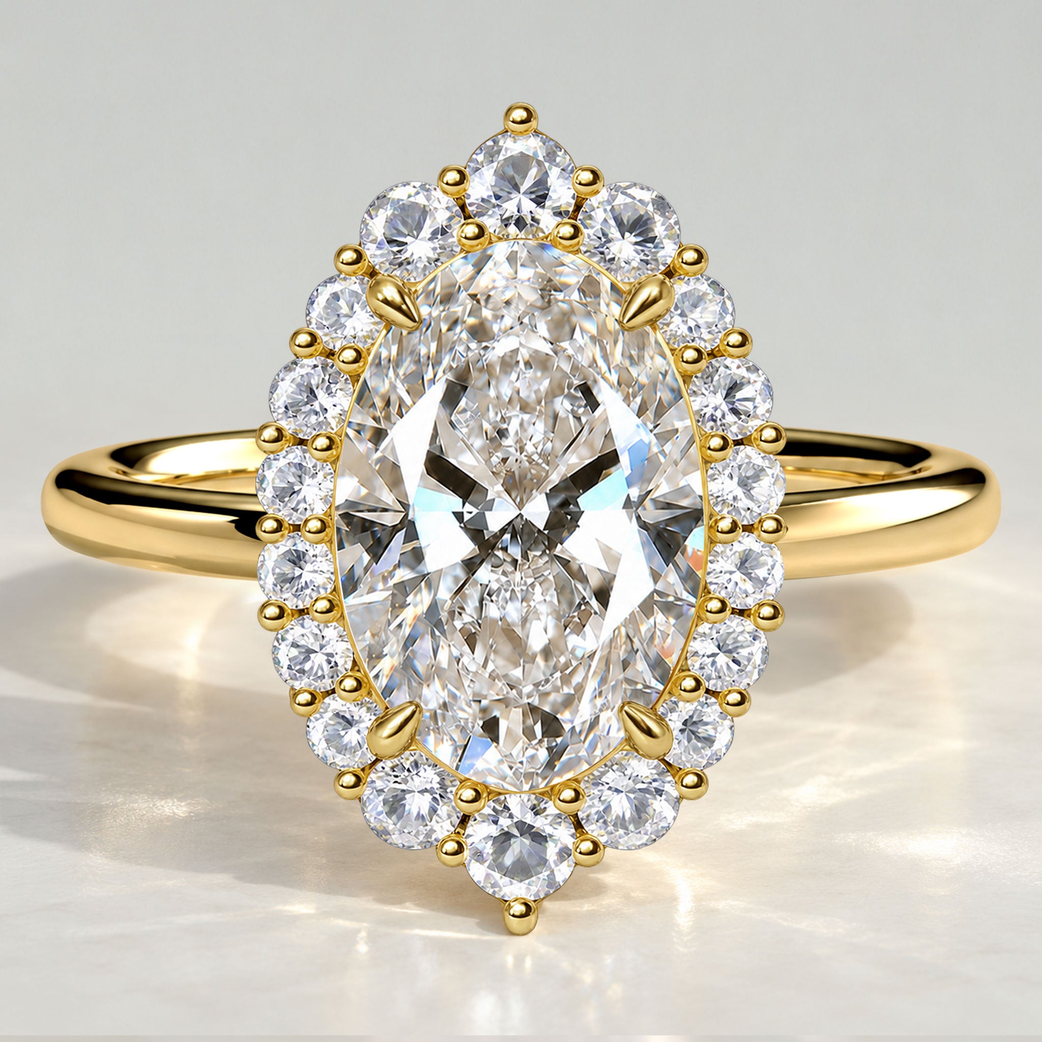 Halo Vintage Design Oval Cut Lab Grown Diamond Cathedral Basket Tapered Shank Engagement Rings With Round Cut Accent Stones #MCERL0299