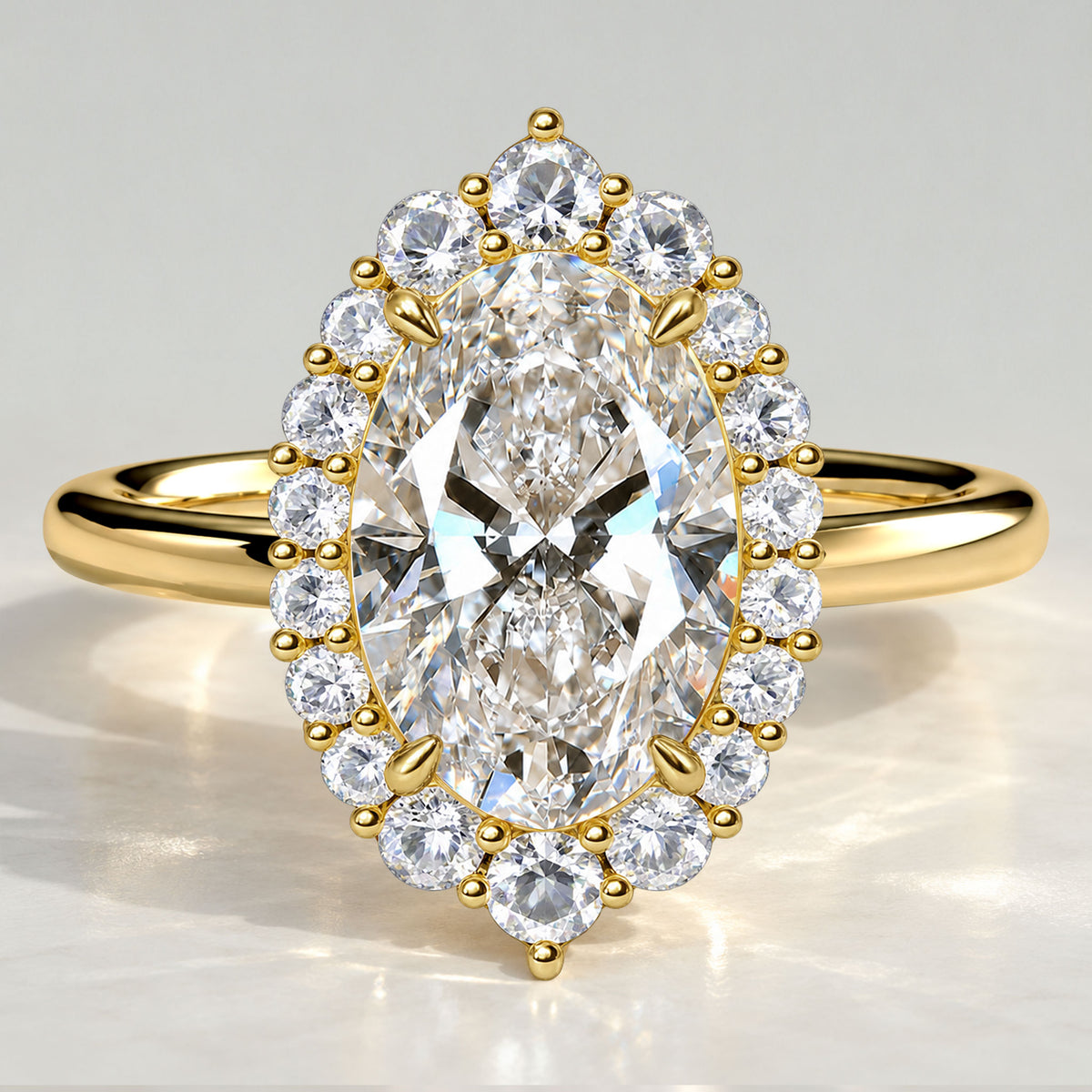 Halo Vintage Design Oval Cut Lab Grown Diamond Cathedral Basket Tapered Shank Engagement Rings With Round Cut Accent Stones #MCERL0299