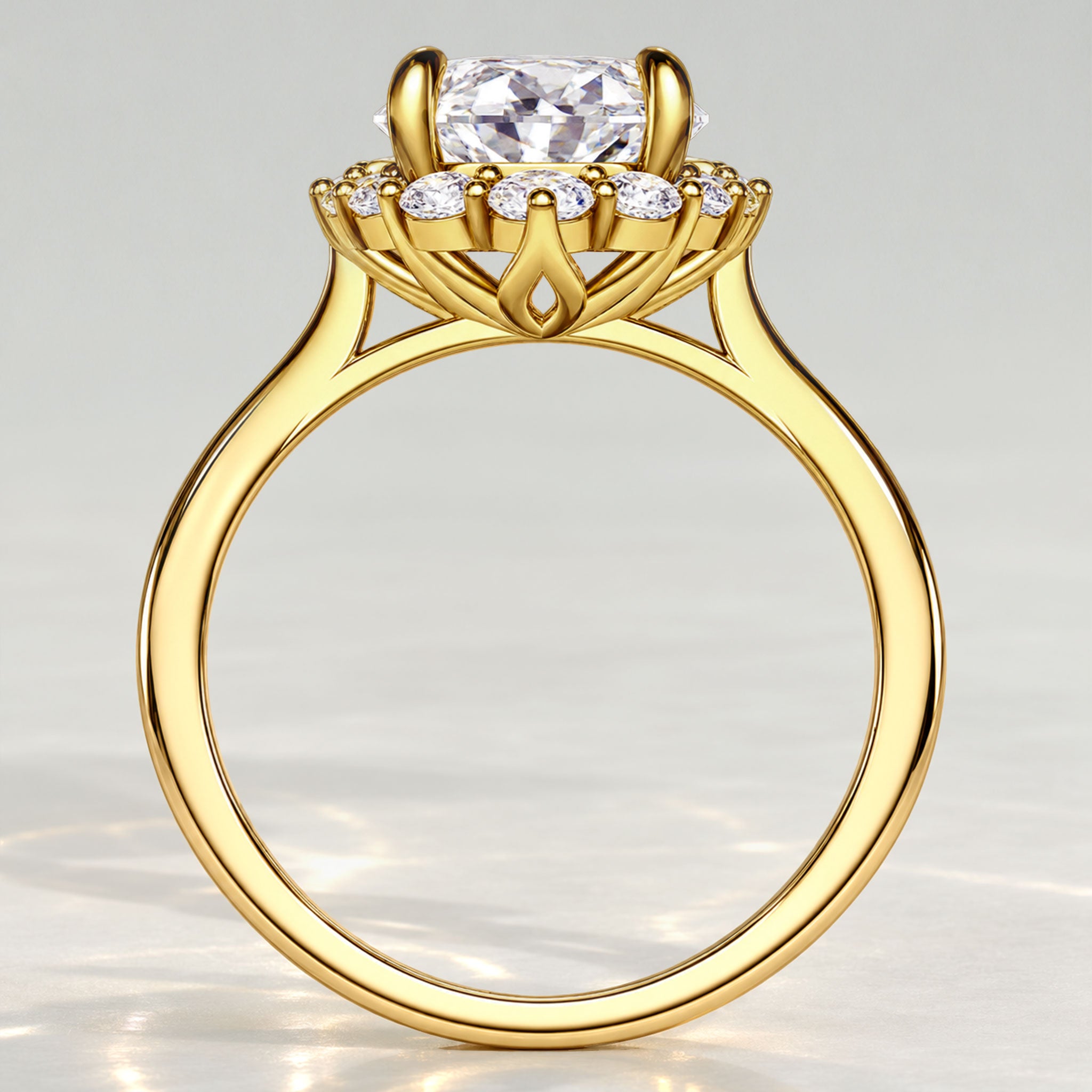 Halo Vintage Design Oval Cut Lab Grown Diamond Cathedral Basket Tapered Shank Engagement Rings With Round Cut Accent Stones #MCERL0299