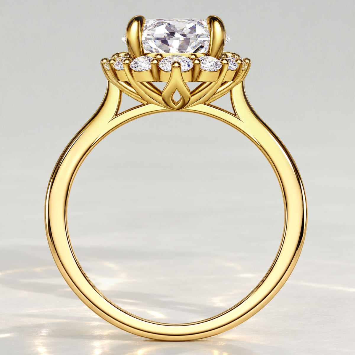 Halo Vintage Design Oval Cut Lab Grown Diamond Cathedral Basket Tapered Shank Engagement Rings With Round Cut Accent Stones #MCERL0299