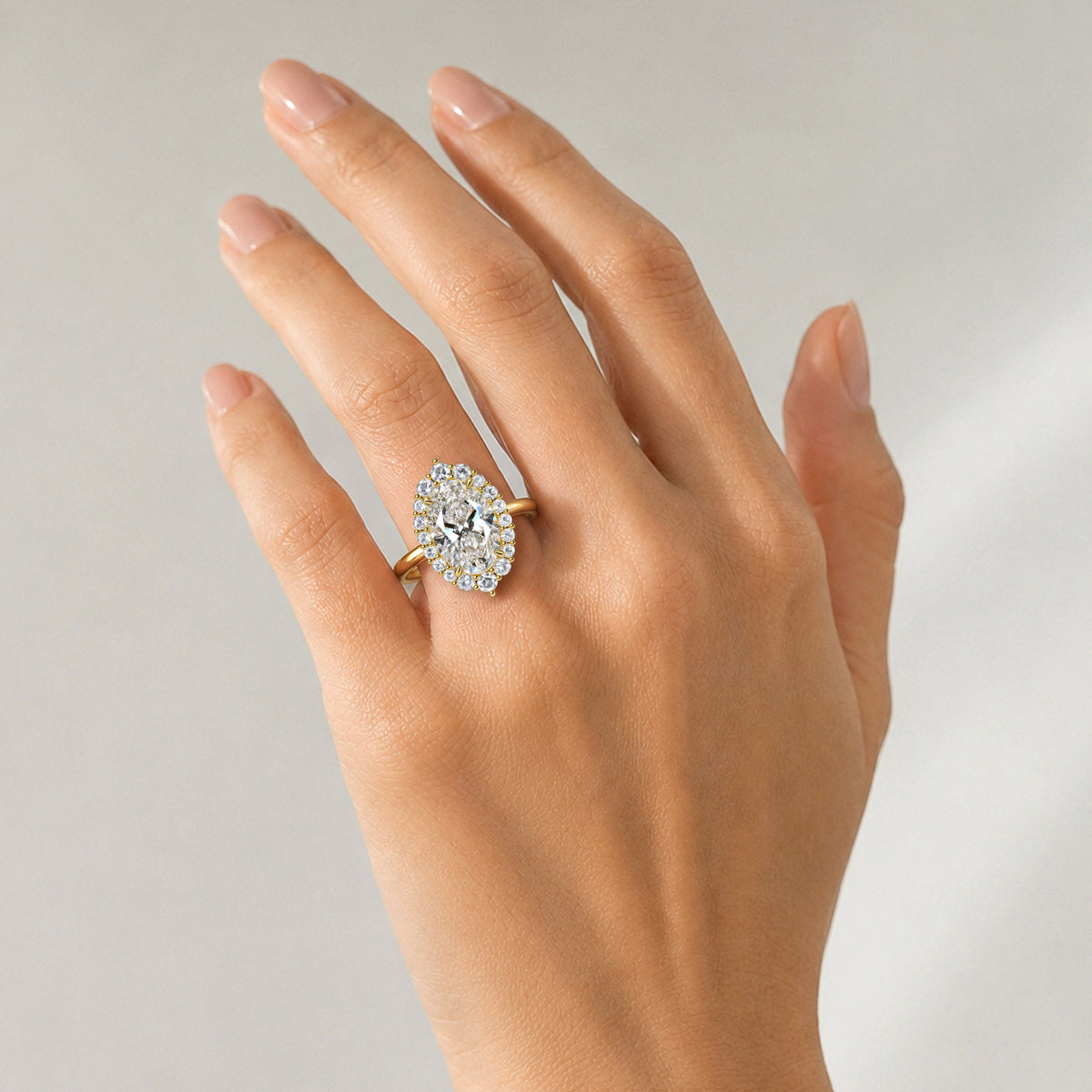 Halo Vintage Design Oval Cut Lab Grown Diamond Cathedral Basket Tapered Shank Engagement Rings With Round Cut Accent Stones #MCERL0299