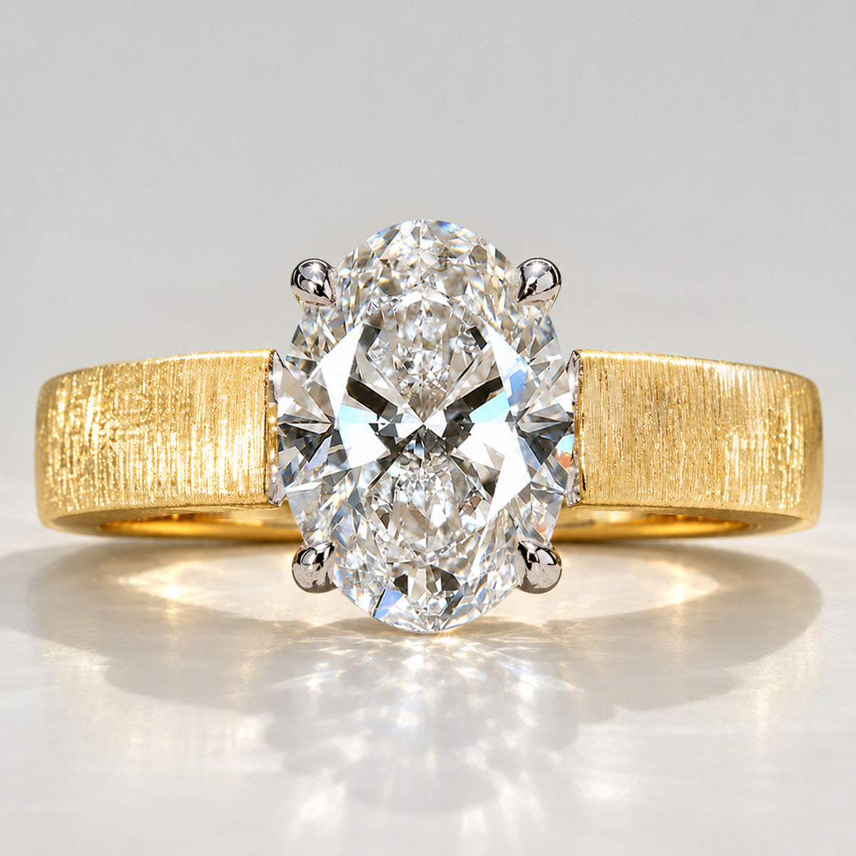 Solitaire Modern Design Oval Cut Lab Grown Diamond Open Shank Hand Brushed Finish Engagement Rings #MCERL0300