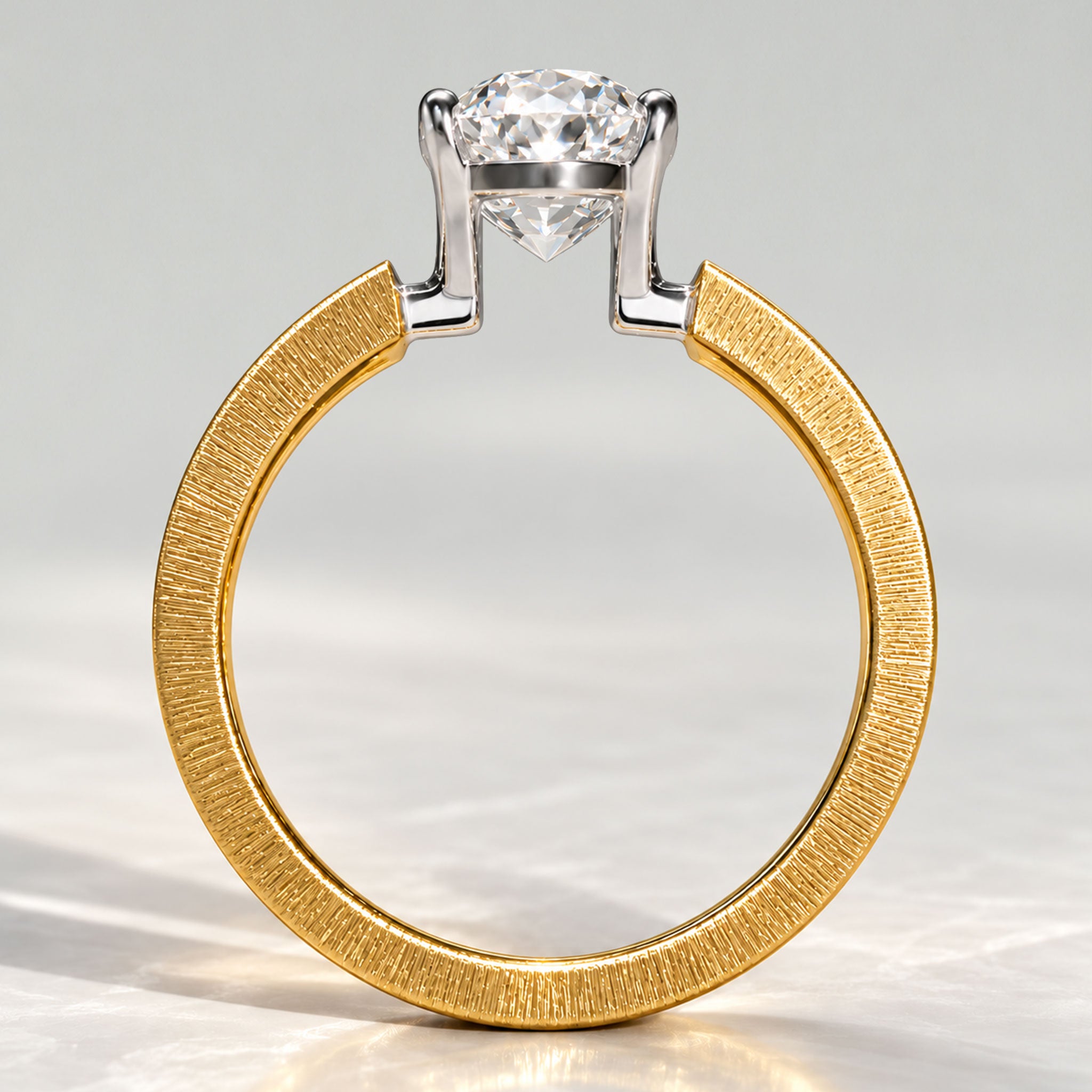 Solitaire Modern Design Oval Cut Lab Grown Diamond Open Shank Hand Brushed Finish Engagement Rings #MCERL0300