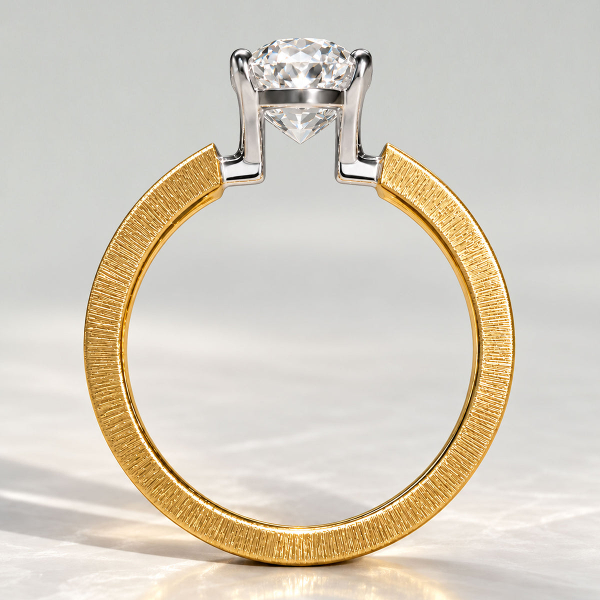 Solitaire Modern Design Oval Cut Lab Grown Diamond Open Shank Hand Brushed Finish Engagement Rings #MCERL0300