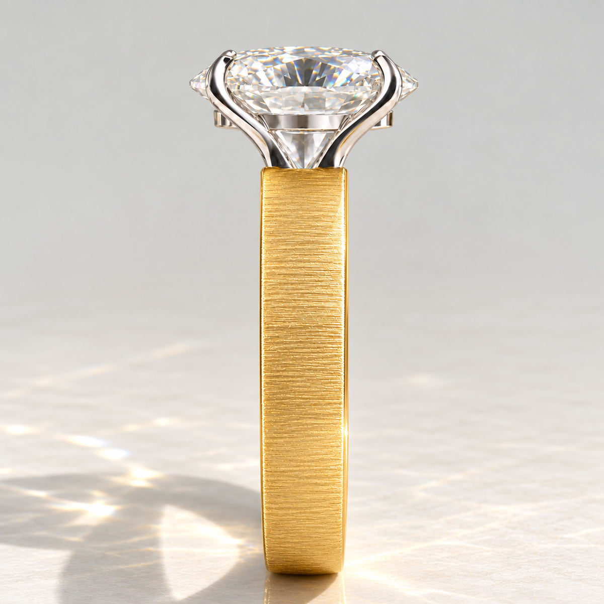 Solitaire Modern Design Oval Cut Lab Grown Diamond Open Shank Hand Brushed Finish Engagement Rings #MCERL0300