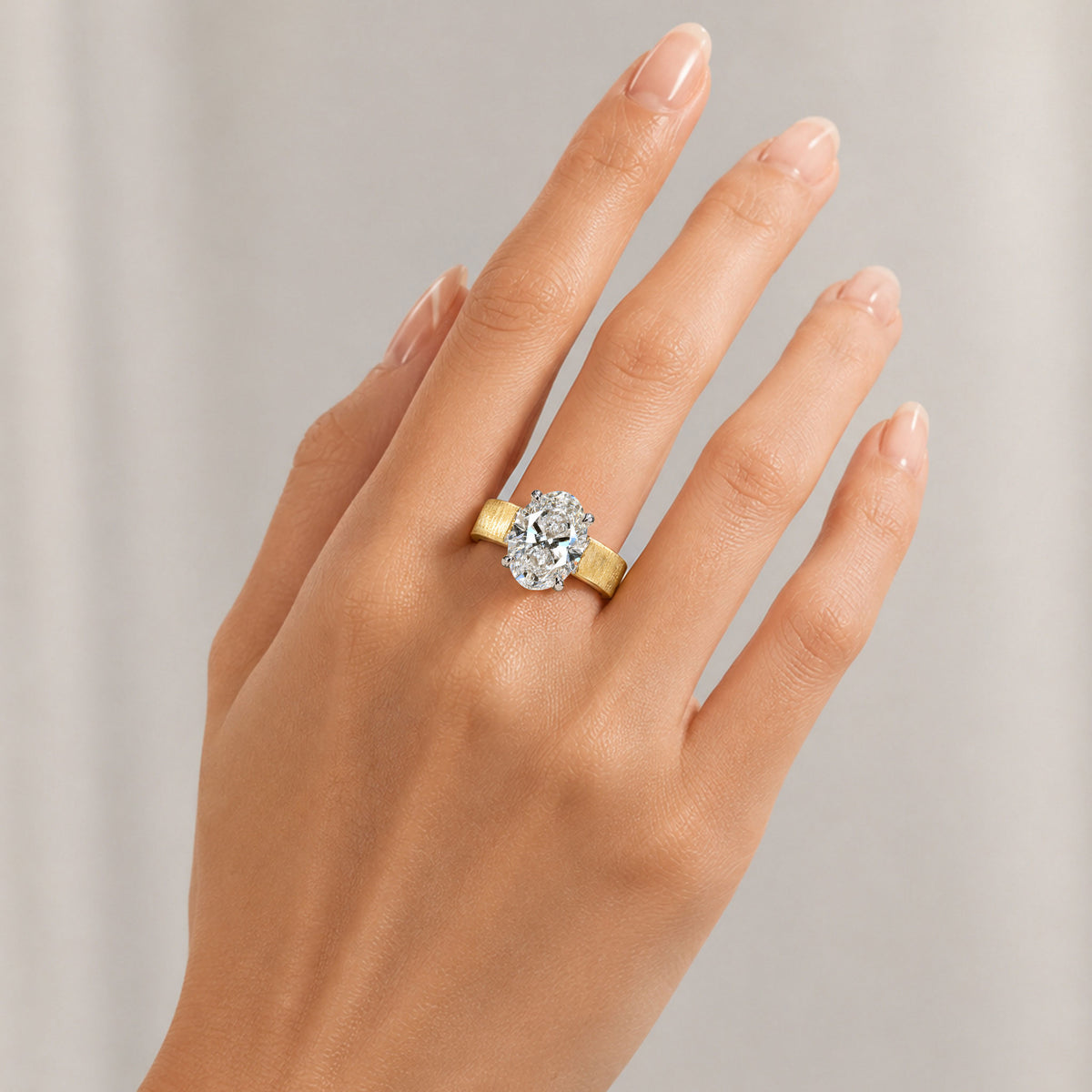 Solitaire Modern Design Oval Cut Lab Grown Diamond Open Shank Hand Brushed Finish Engagement Rings #MCERL0300
