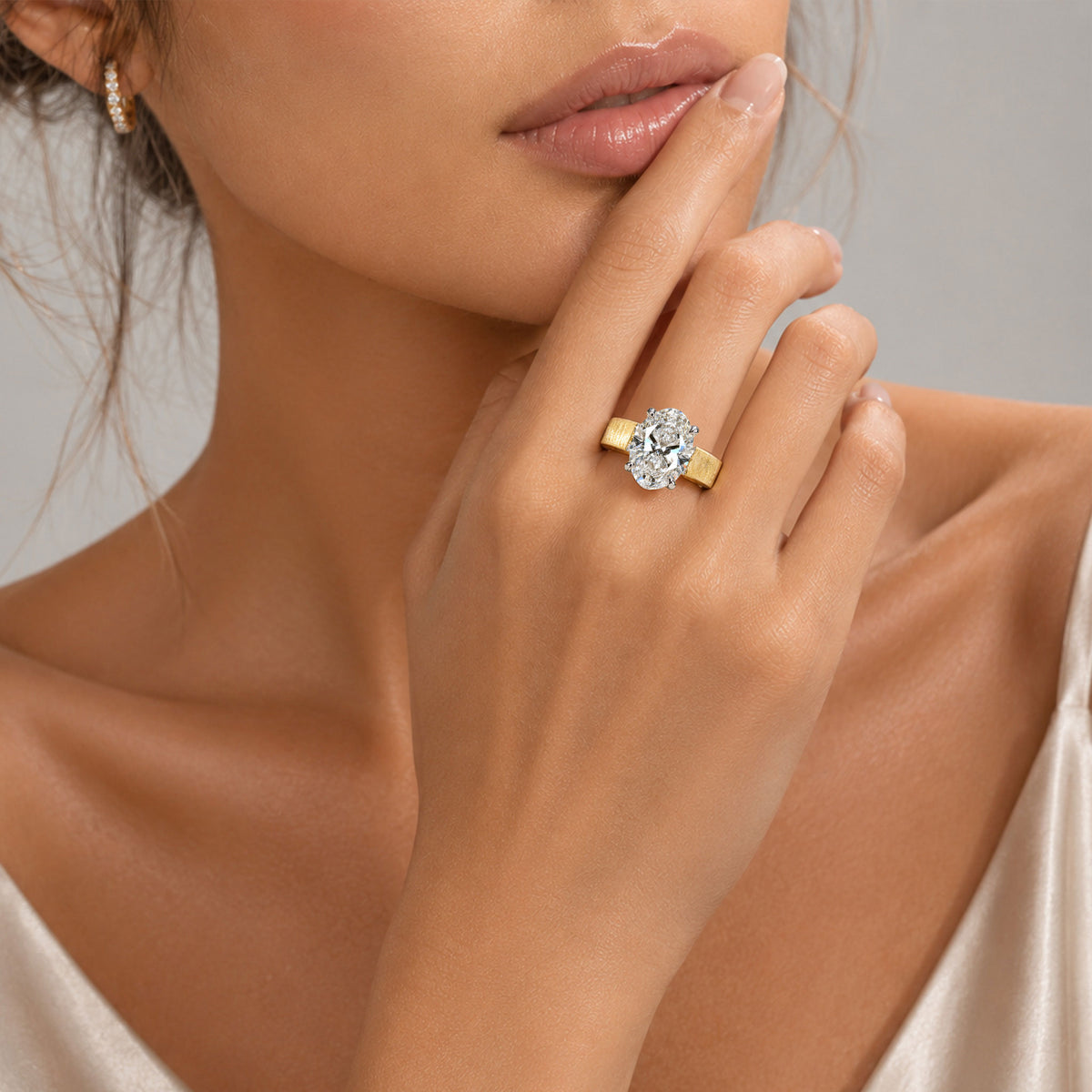 Solitaire Modern Design Oval Cut Lab Grown Diamond Open Shank Hand Brushed Finish Engagement Rings #MCERL0300