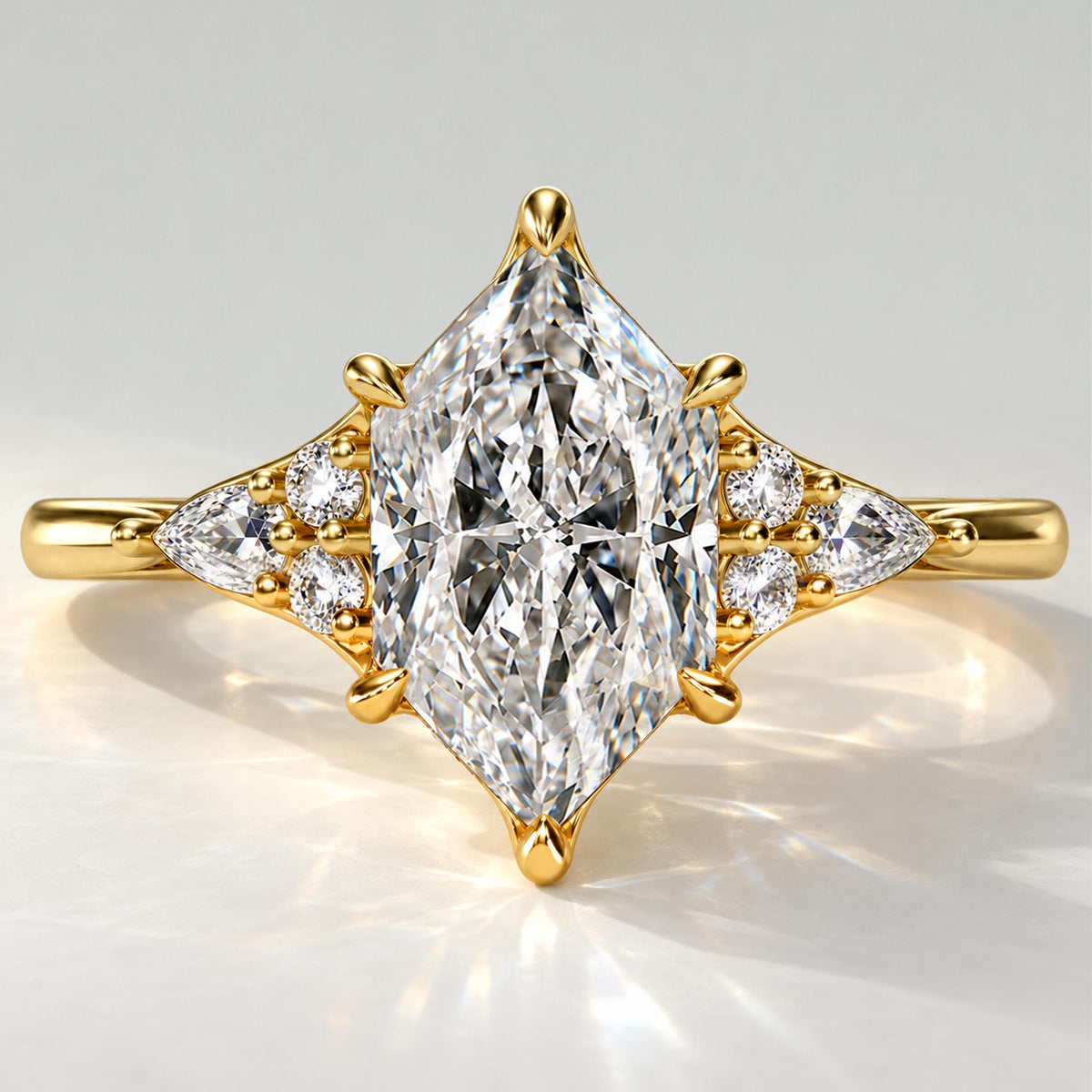 Vintage Dutch Marquise Cut Lab Grown Diamond Cathedral Basket Tapered Shank Engagement Rings With Round Cut And Pear Cut Accent Stones #MCERL0307