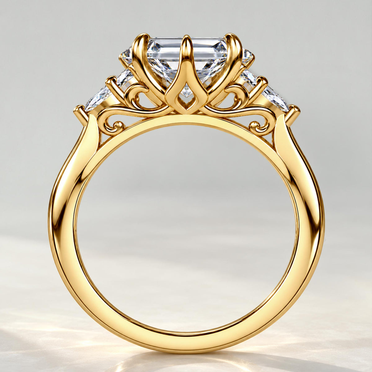 Vintage Dutch Marquise Cut Lab Grown Diamond Cathedral Basket Tapered Shank Engagement Rings With Round Cut And Pear Cut Accent Stones #MCERL0307