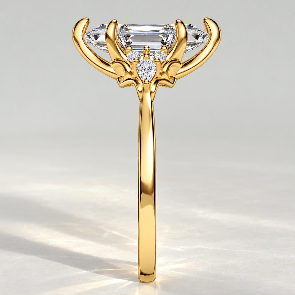 Vintage Dutch Marquise Cut Lab Grown Diamond Cathedral Basket Tapered Shank Engagement Rings With Round Cut And Pear Cut Accent Stones #MCERL0307