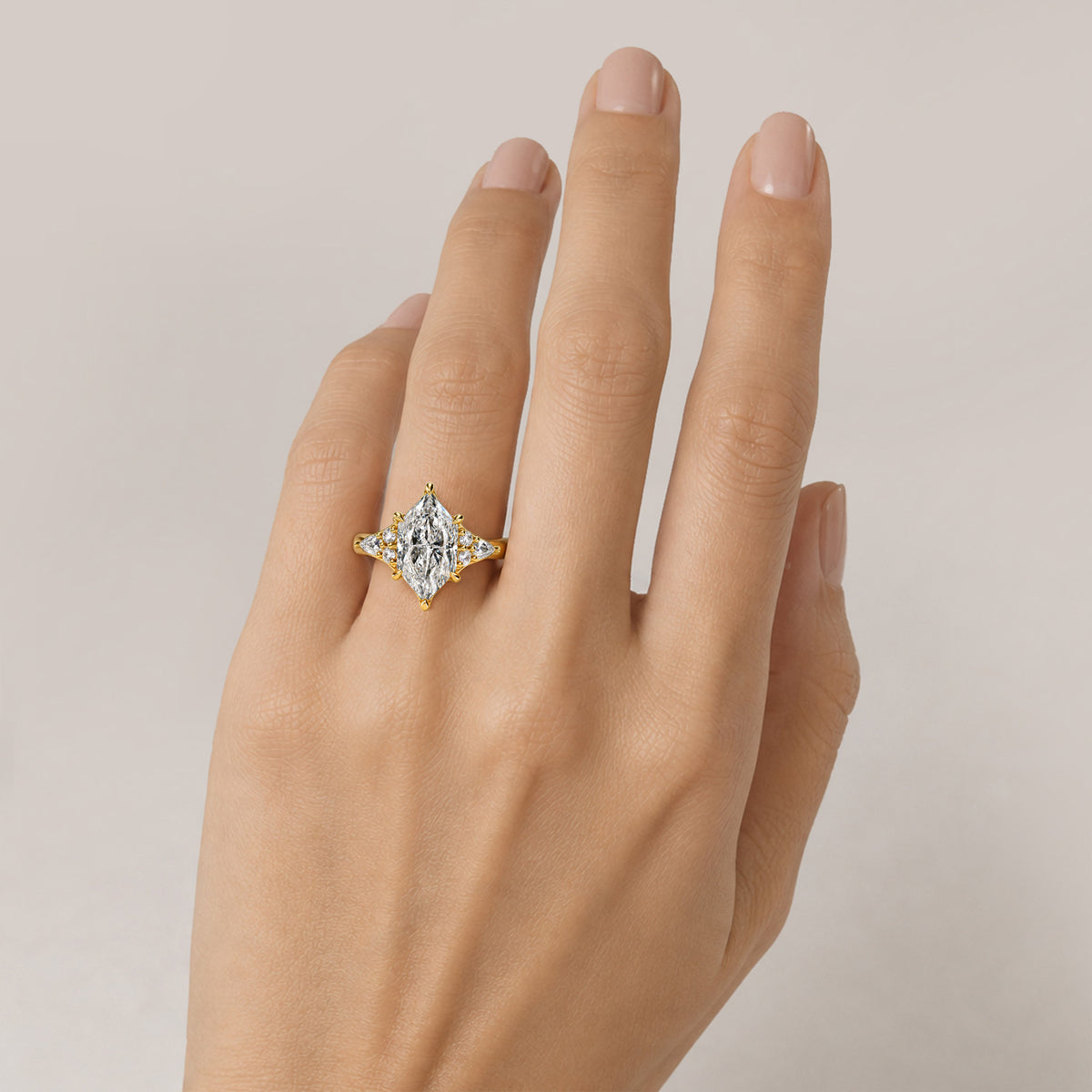 Vintage Dutch Marquise Cut Lab Grown Diamond Cathedral Basket Tapered Shank Engagement Rings With Round Cut And Pear Cut Accent Stones #MCERL0307