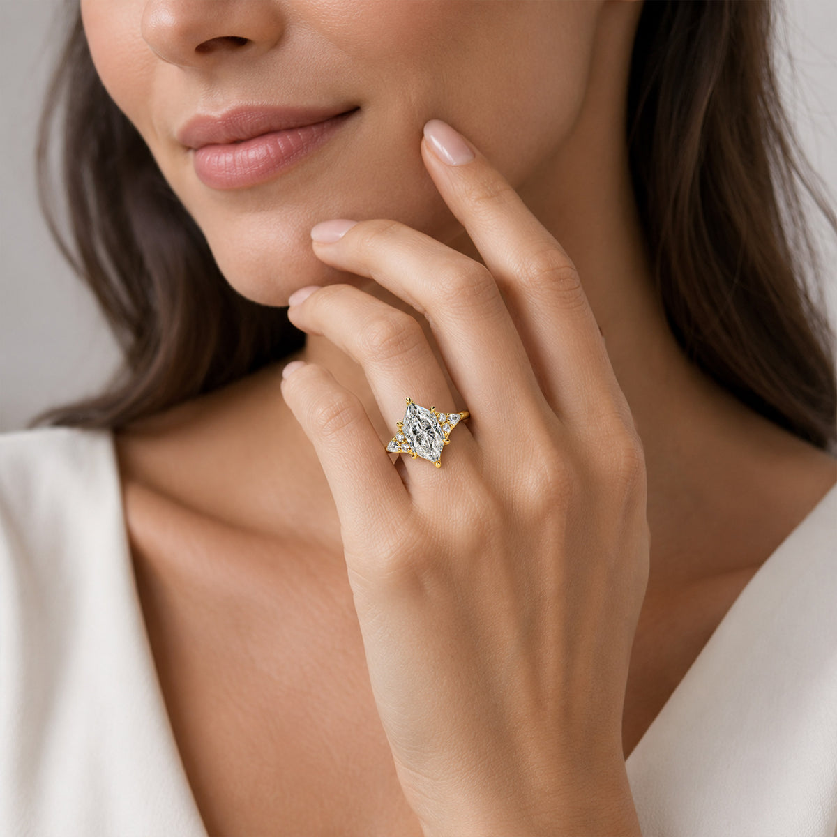 Vintage Dutch Marquise Cut Lab Grown Diamond Cathedral Basket Tapered Shank Engagement Rings With Round Cut And Pear Cut Accent Stones #MCERL0307