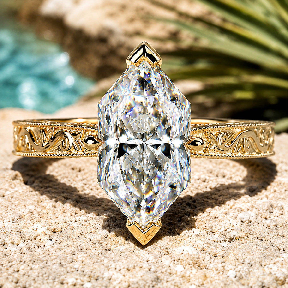 Solitaire Vintage Art Deco Design Dutch Marquise Cut Moissanite Tapered Shank Milgrain Engraved Engagement Ring #MCERM0003
