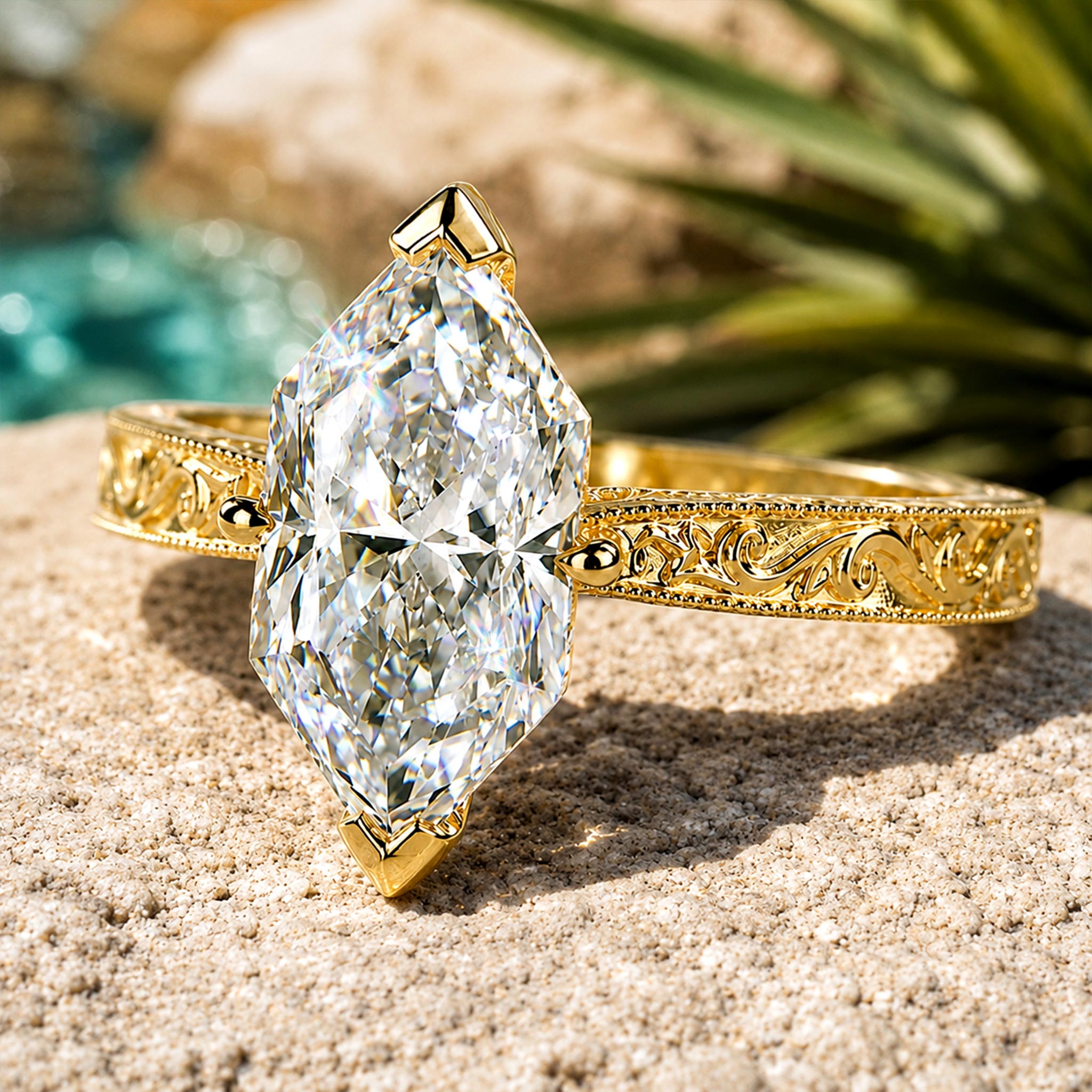 Solitaire Vintage Art Deco Design Dutch Marquise Cut Moissanite Tapered Shank Milgrain Engraved Engagement Ring #MCERM0003