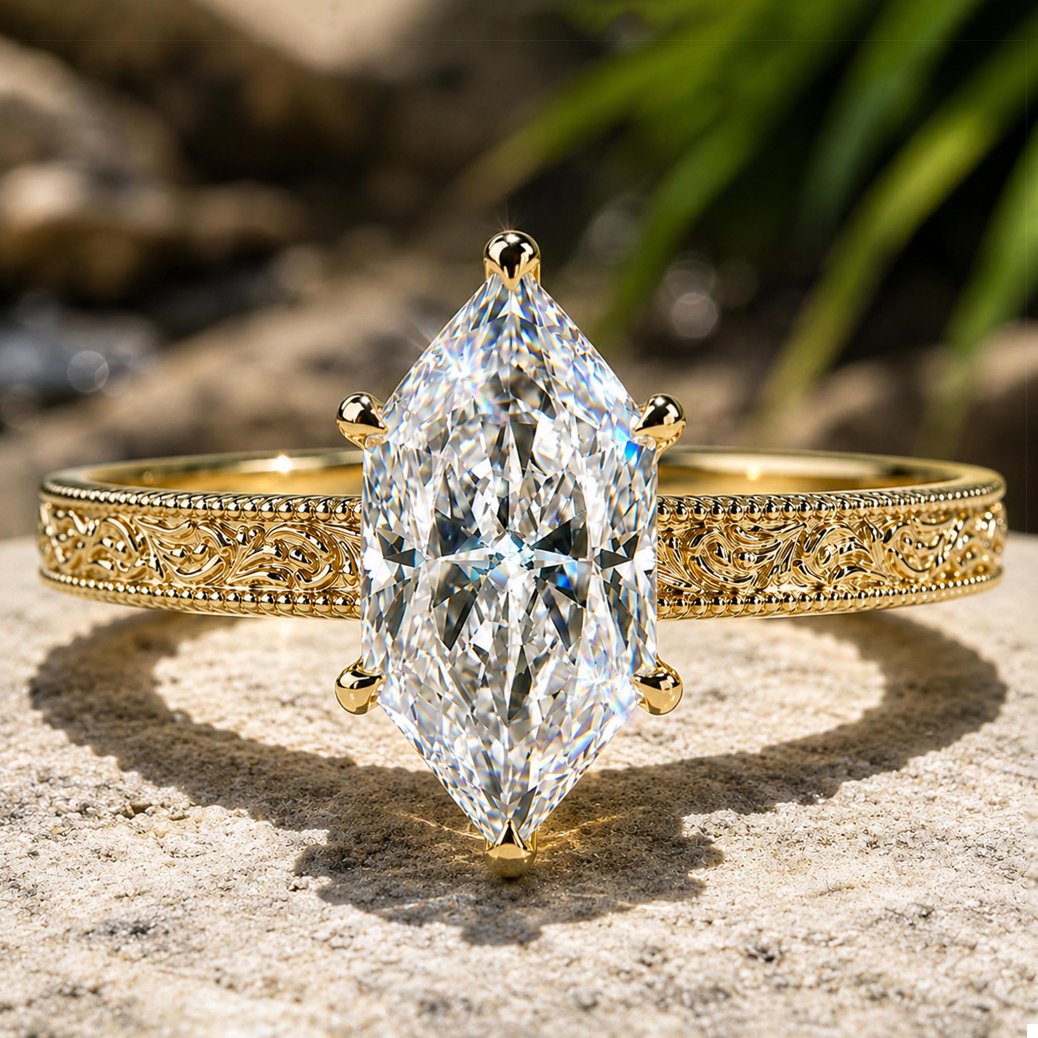 Solitaire Vintage Design Dutch Marquise Cut Moissanite Milgrain Engraved Engagement Rings #MCERM0004