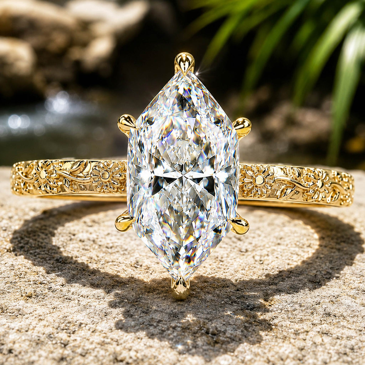Solitaire Floral Nature Inspired Design Dutch Marquise Cut Moissanite Milgrain Engraved Engagement Rings #MCERM0005