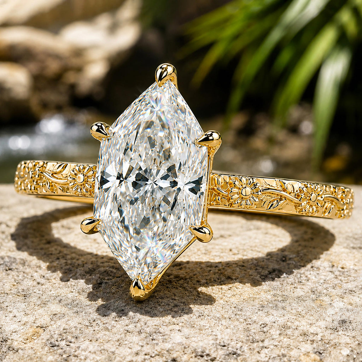 Solitaire Floral Nature Inspired Design Dutch Marquise Cut Moissanite Milgrain Engraved Engagement Rings #MCERM0005