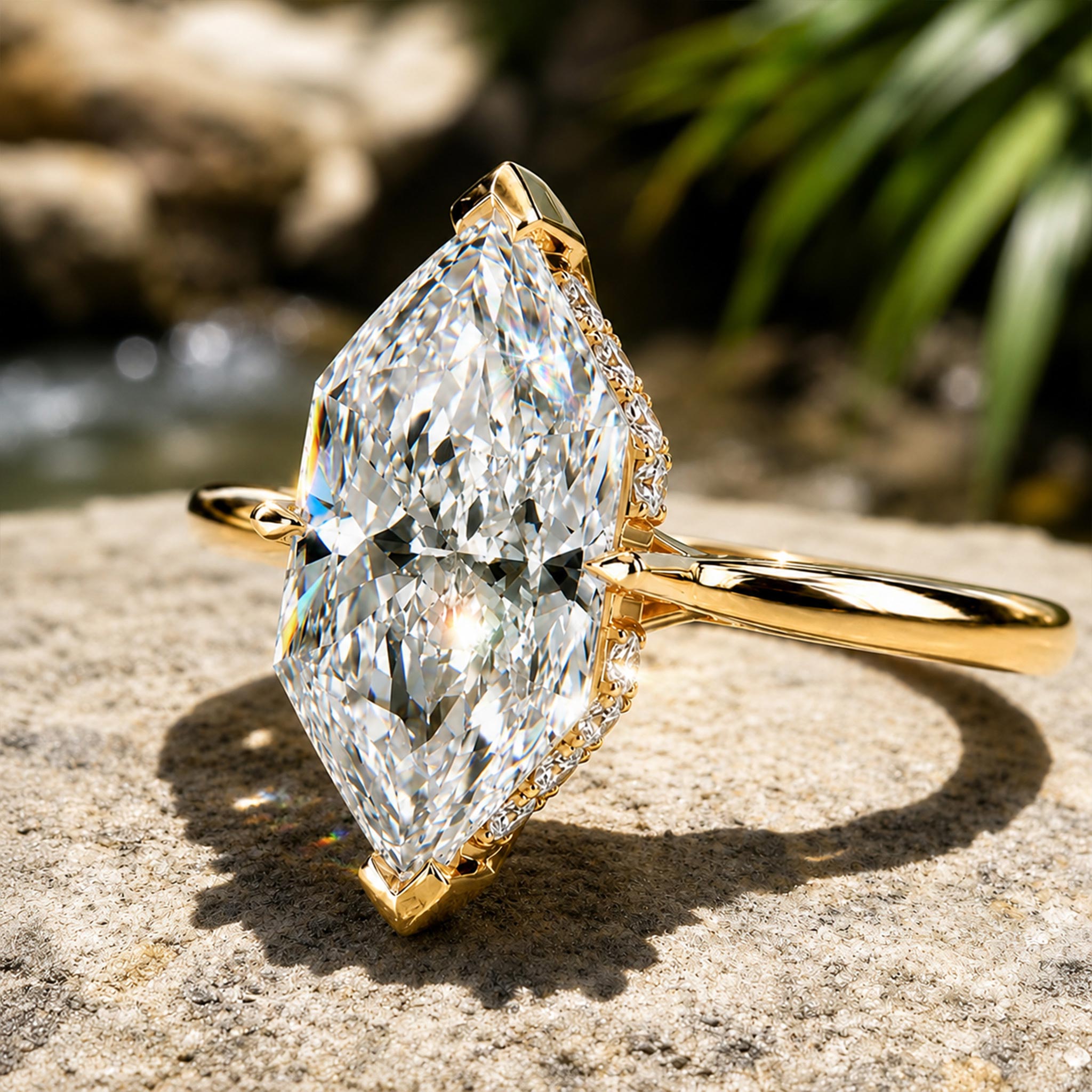 Solitaire Hidden Halo Modern Design Dutch Marquise Cut Moissanite Cathedral Basket Tapered Shank Polished Engagement Rings With Round Cut Accent Moissanites#MCERM0007