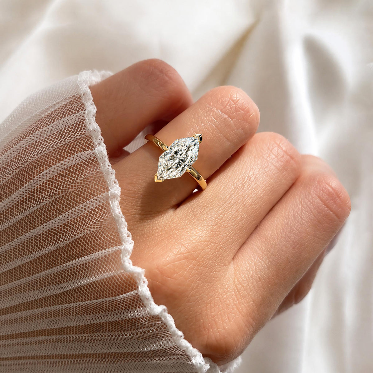 Solitaire Hidden Halo Modern Design Dutch Marquise Cut Moissanite Cathedral Basket Tapered Shank Polished Engagement Rings With Round Cut Accent Moissanites#MCERM0007