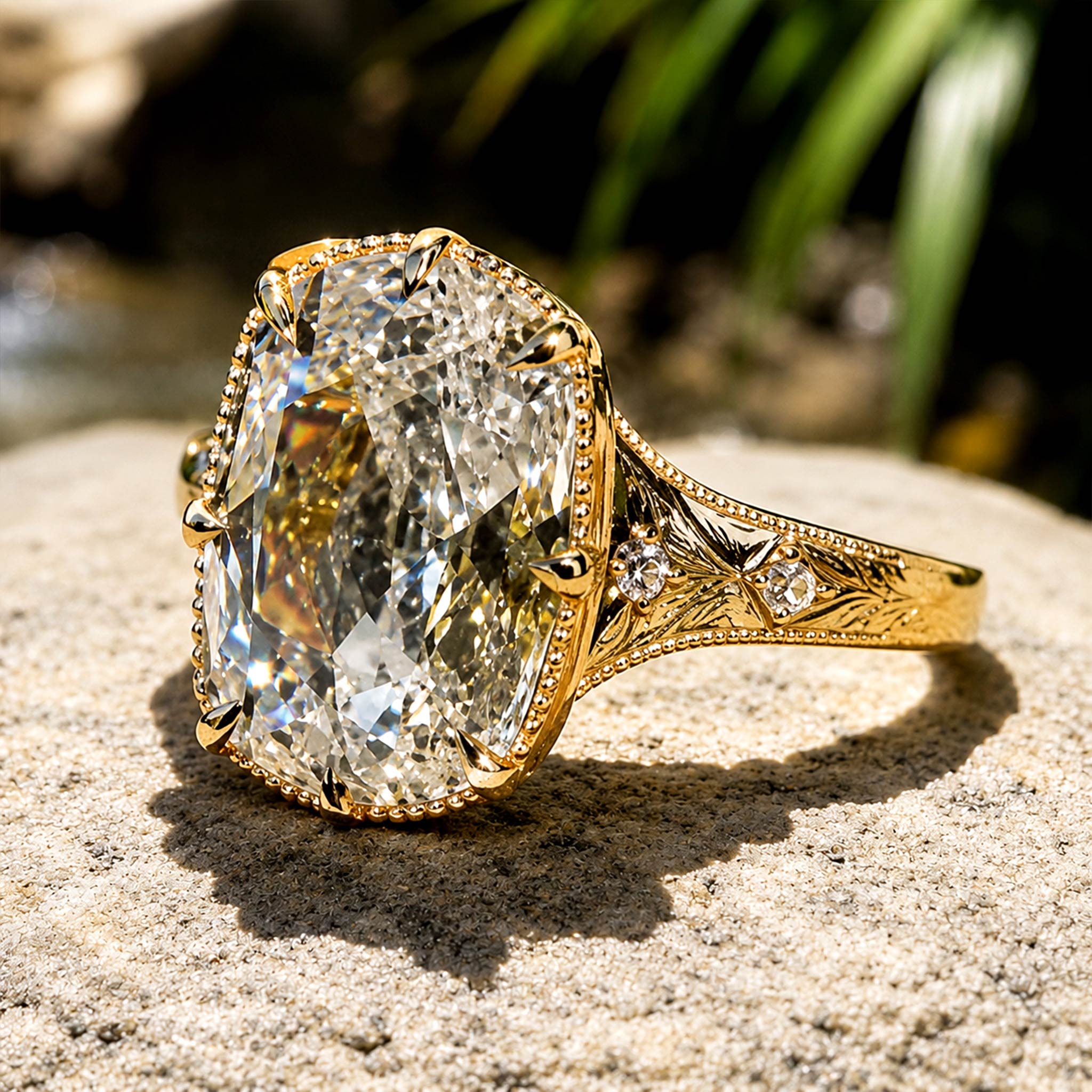 MrCarat Vintage Design 8CT Cushion Cut Moissanite Center Stone Milgrain Engraved Engagement Ring With Round Cut Accent Stones #MCERM0008