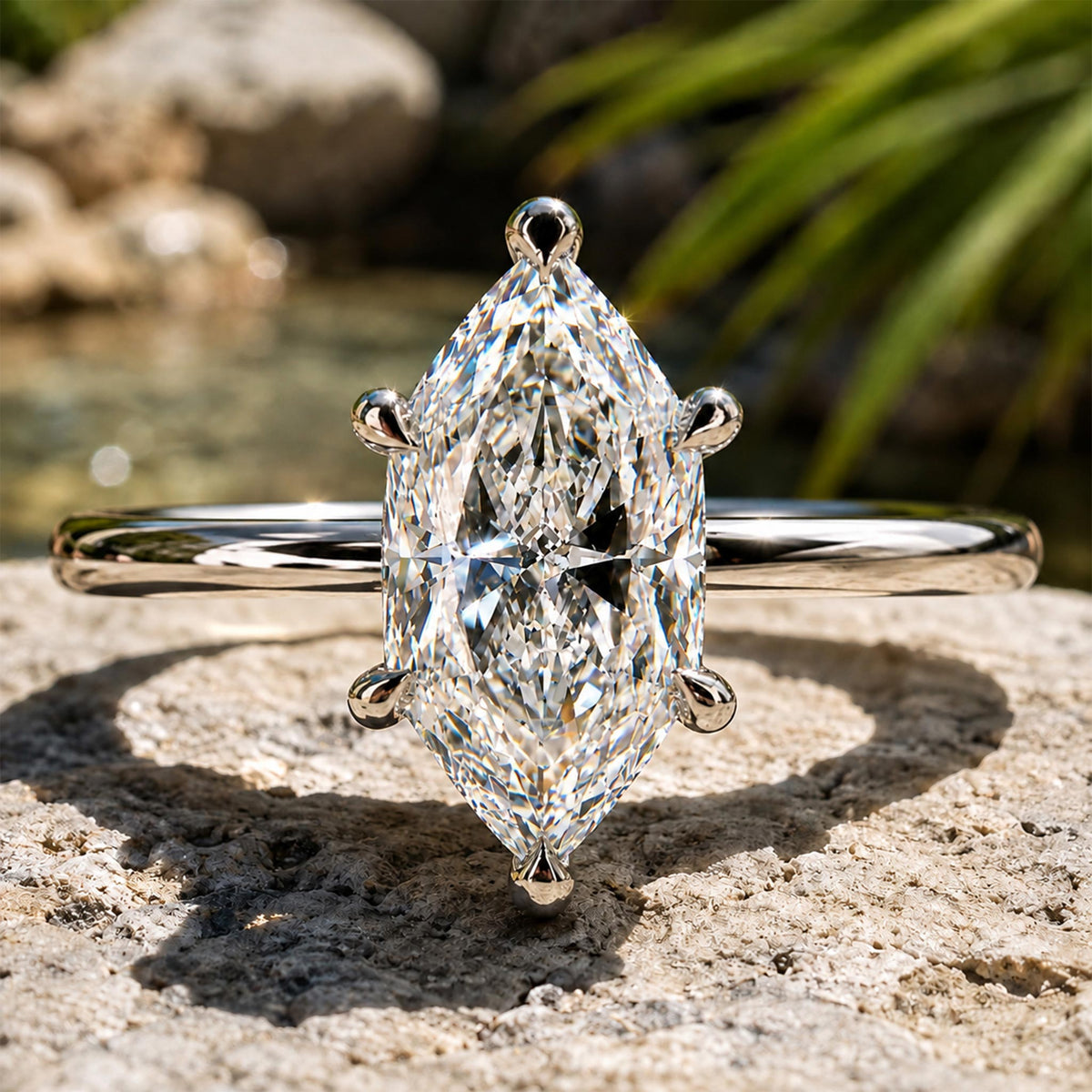 Solitaire Hidden Halo Modern Design Dutch Marquise Cut Moissanite Polished Shank Engagement Rings With Round Cut Accent Moissanites #MCERM0009