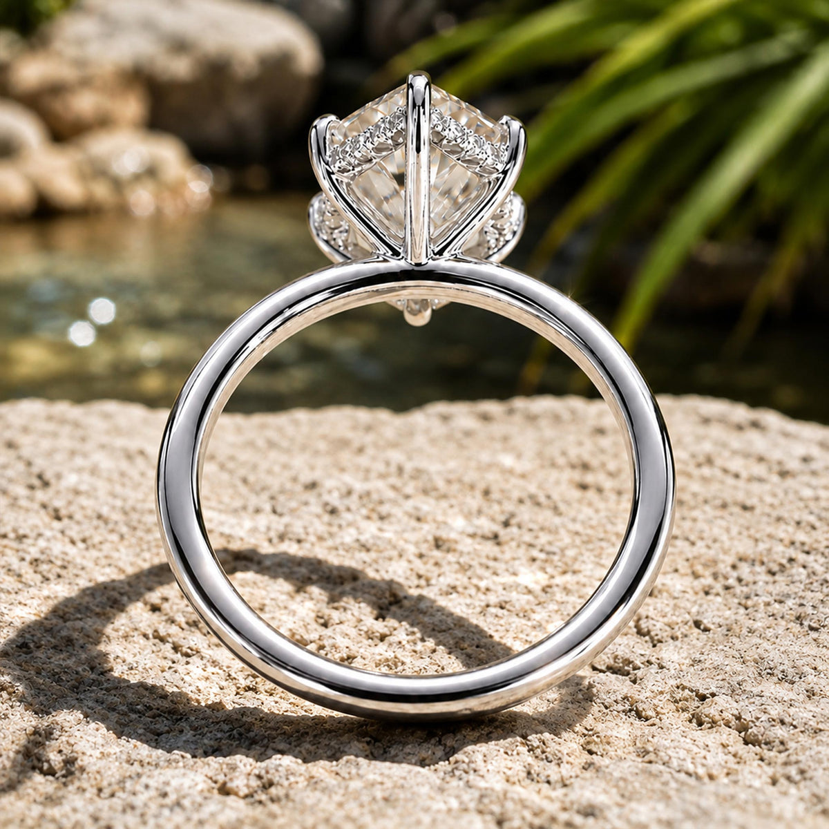Solitaire Hidden Halo Modern Design Dutch Marquise Cut Moissanite Polished Shank Engagement Rings With Round Cut Accent Moissanites #MCERM0009