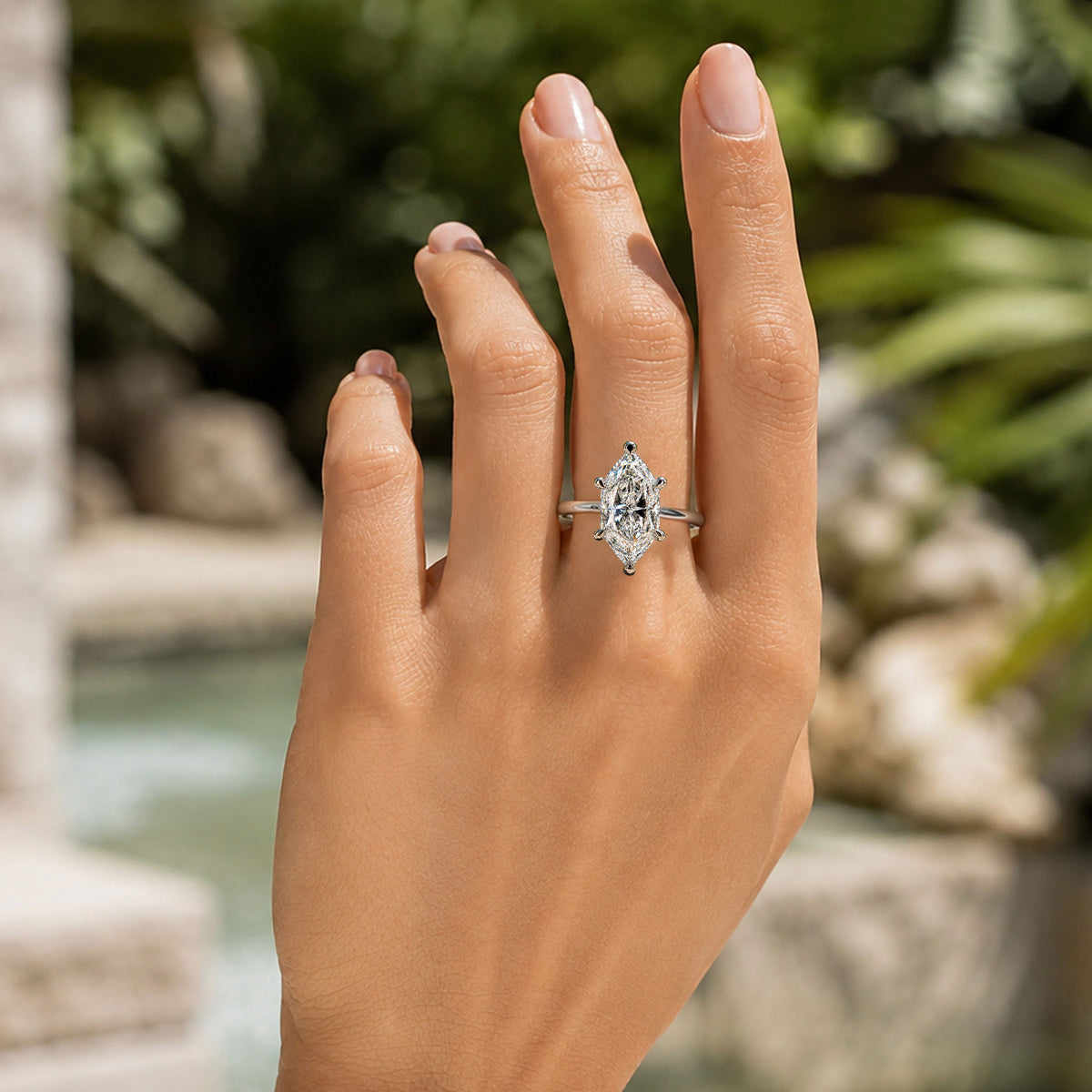 Solitaire Hidden Halo Modern Design Dutch Marquise Cut Moissanite Polished Shank Engagement Rings With Round Cut Accent Moissanites #MCERM0009