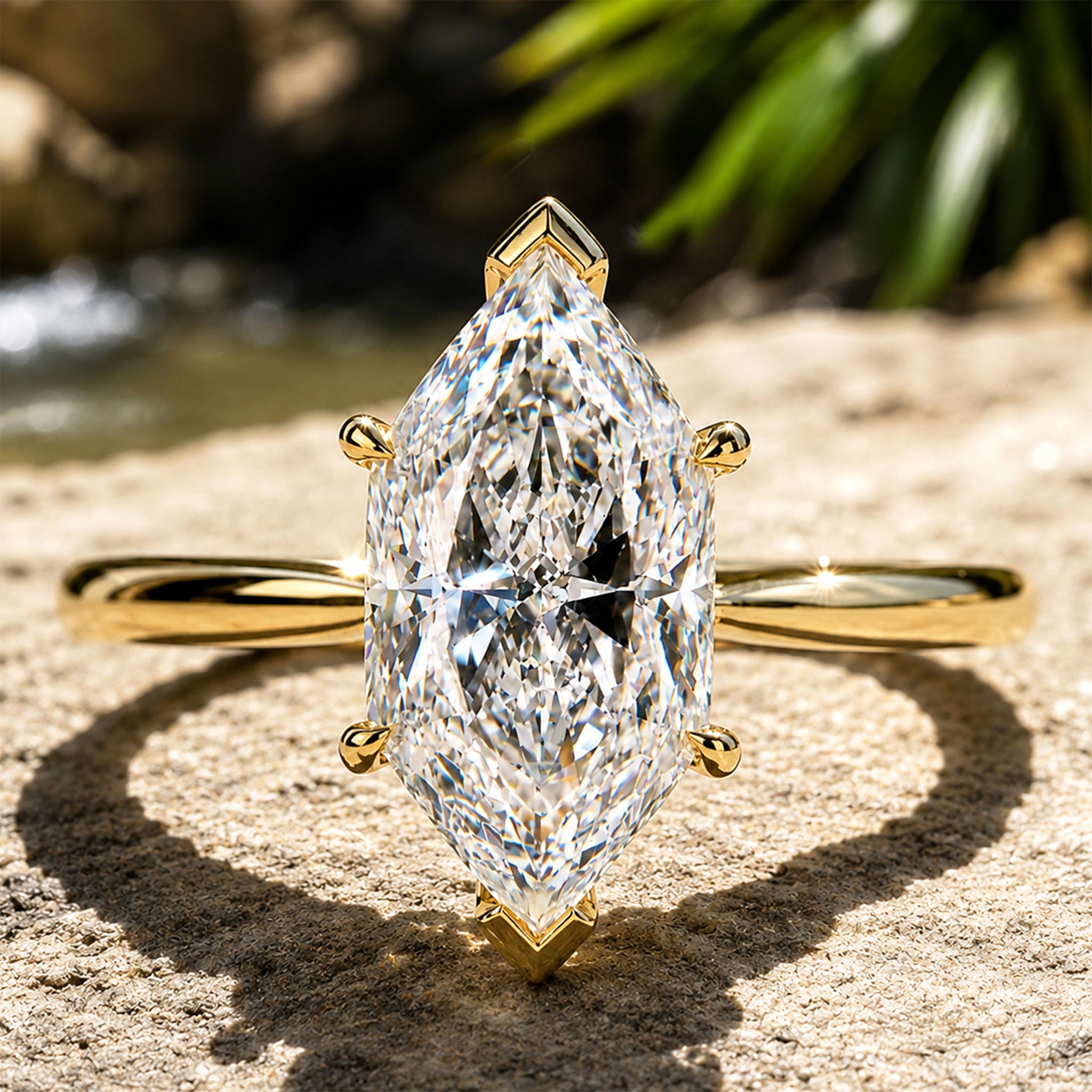 Solitaire Hidden Halo Modern Design Dutch Marquise Cut Moissanite Cathedral Basket Euro Shank Polished Engagement Ring With Round Cut Accent Stones #MCERM0010
