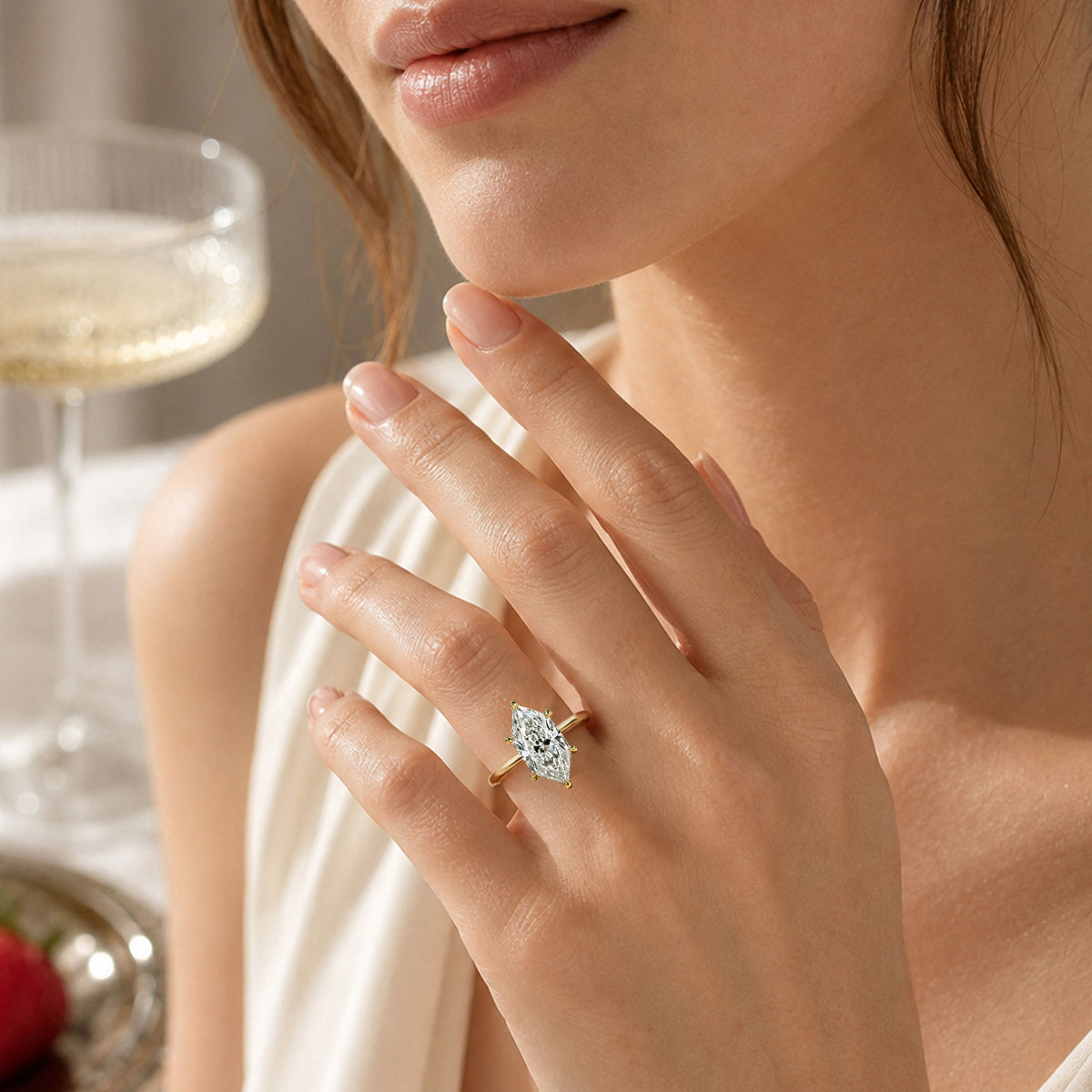 Vintage Hidden Halo Solitaire Design Dutch Marquise Cut Moissanite Tulip Basket Cathedral Tapered Shank Polished Engagement Rings With Milgrain Accent #MCERM0011