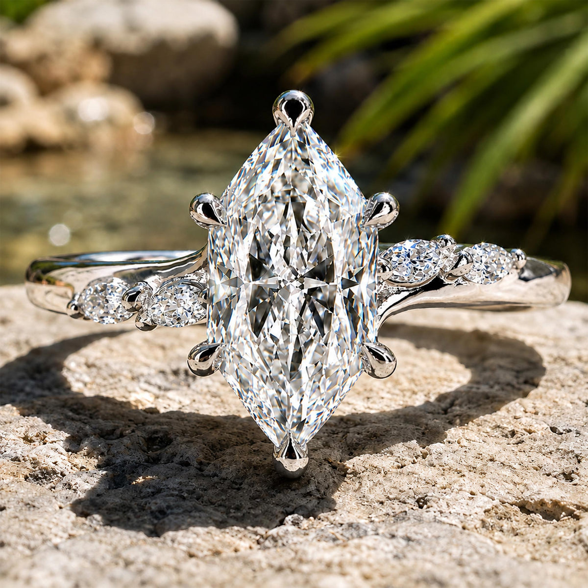 Hidden Halo Modern Design Dutch Marquise Cut Moissanite Cathedral Basket Tapered Shank Polished Engagement Ring With Round Cut And Marquise Cut Moissanits #MCERM0012