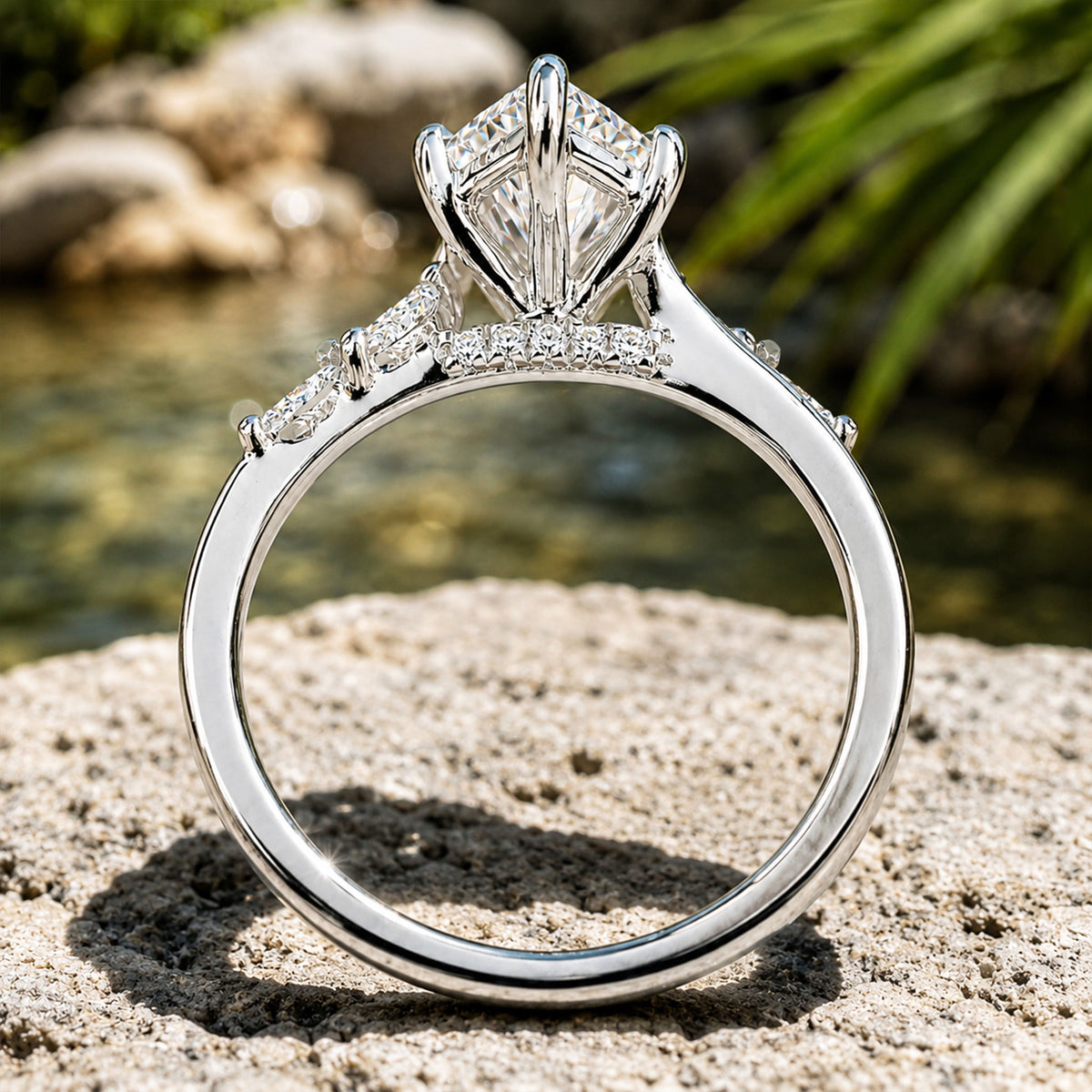 Hidden Halo Modern Design Dutch Marquise Cut Moissanite Cathedral Basket Tapered Shank Polished Engagement Ring With Round Cut And Marquise Cut Moissanits #MCERM0012